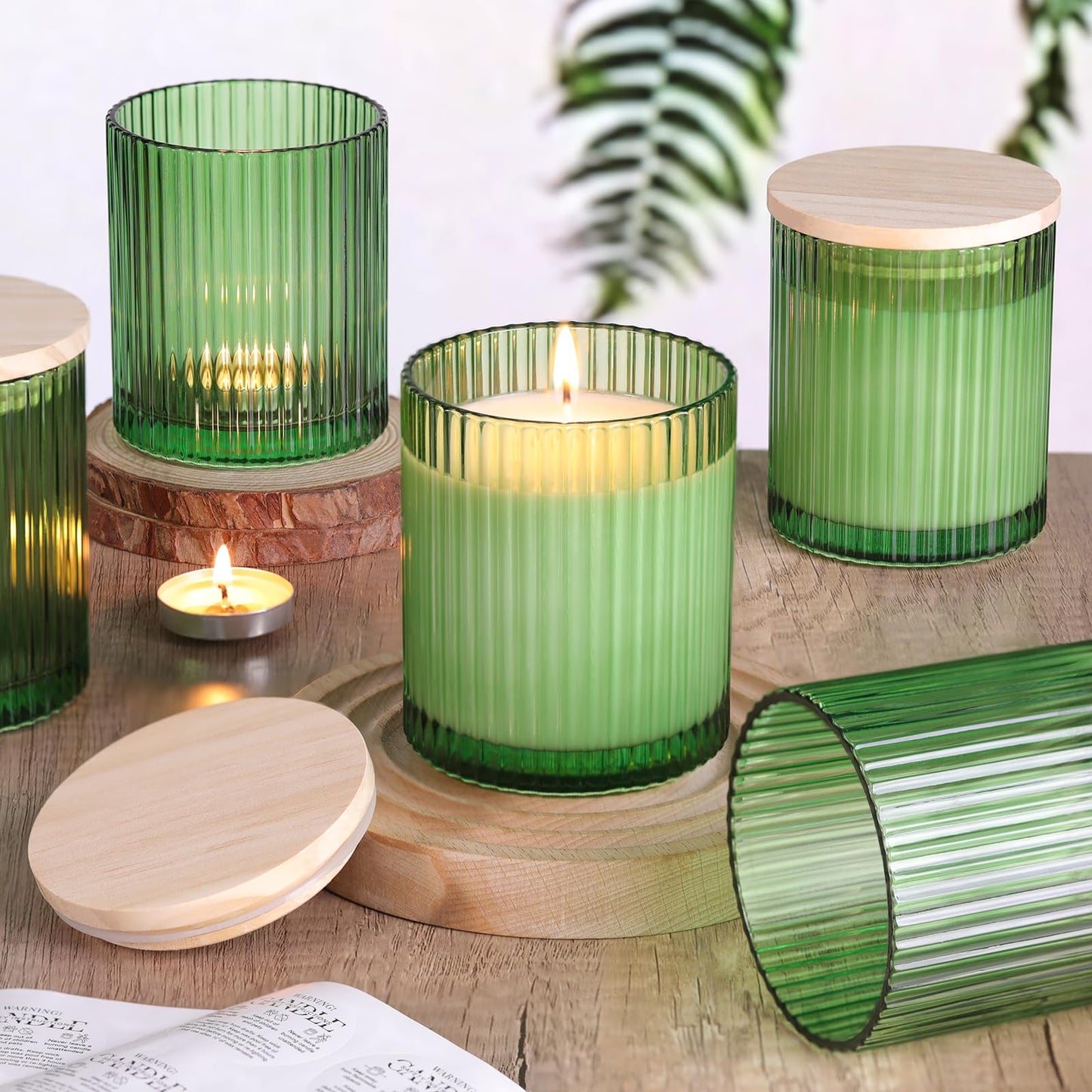 sunnyfuture 10 OZ Green Candle Jars for Making Candles Set of 8, Ribbed Glass Candle Jars with Wood Lids and Labels, Candle Containers for DIY, Gifts, Home Decoration
