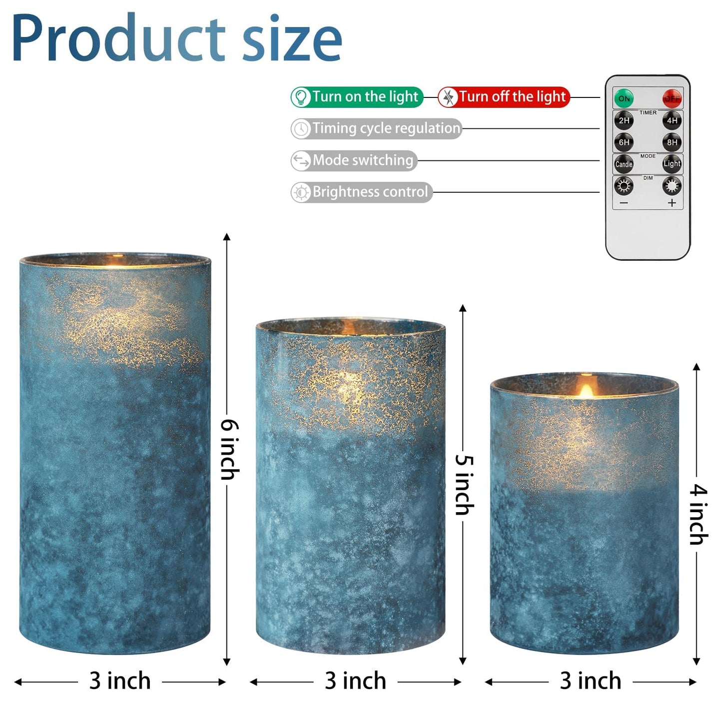 Blue Flameless Candles Set of 3, Sandblasted Glass LED Pillar Candles with Remote, Battery Operated Flickering Candles for Coastal Home Decor, Party Bathroom Holiday Birthday Wedding Decoration