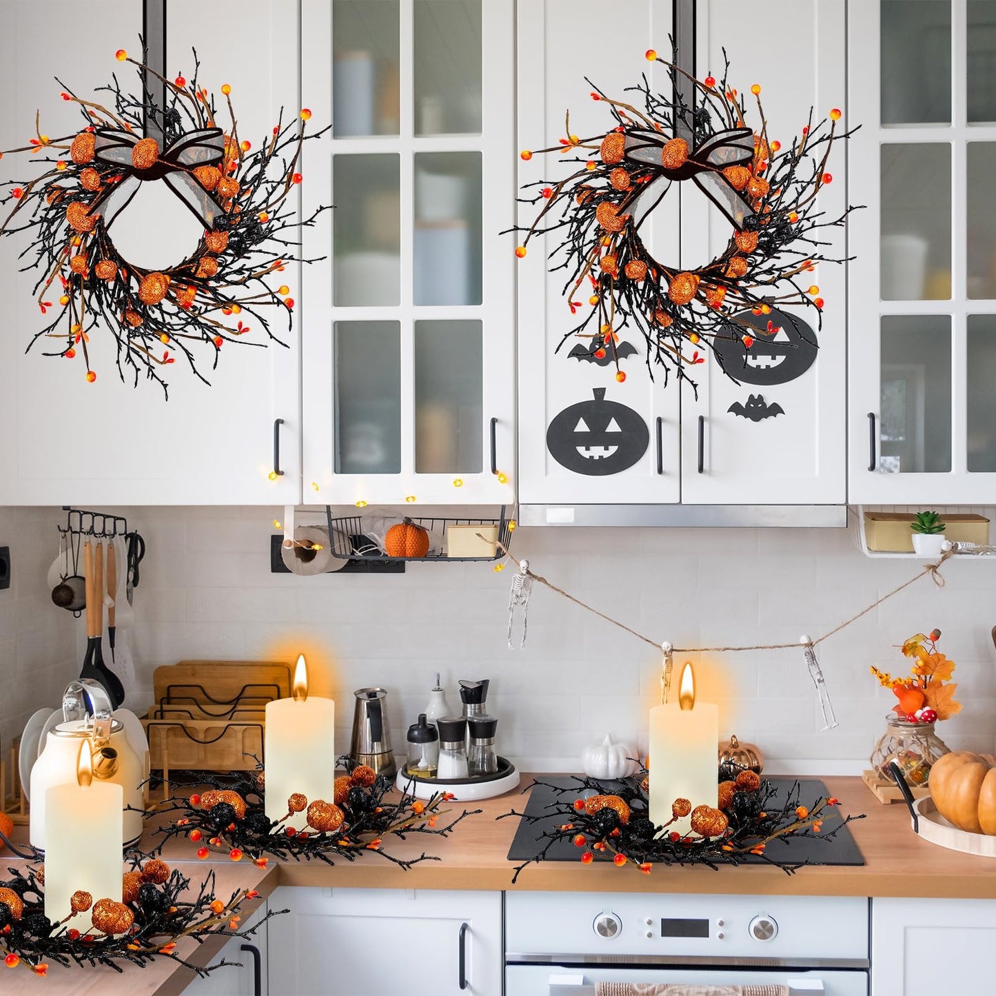 8 PCS Halloween Candle Rings Wreaths Black Orange Berries & Pumpkin Candle Rings Mini Wreath 3.5 Inch Center for Pillar Candle Halloween Fall Thanksgiving Party Home Table Indoor Decorations