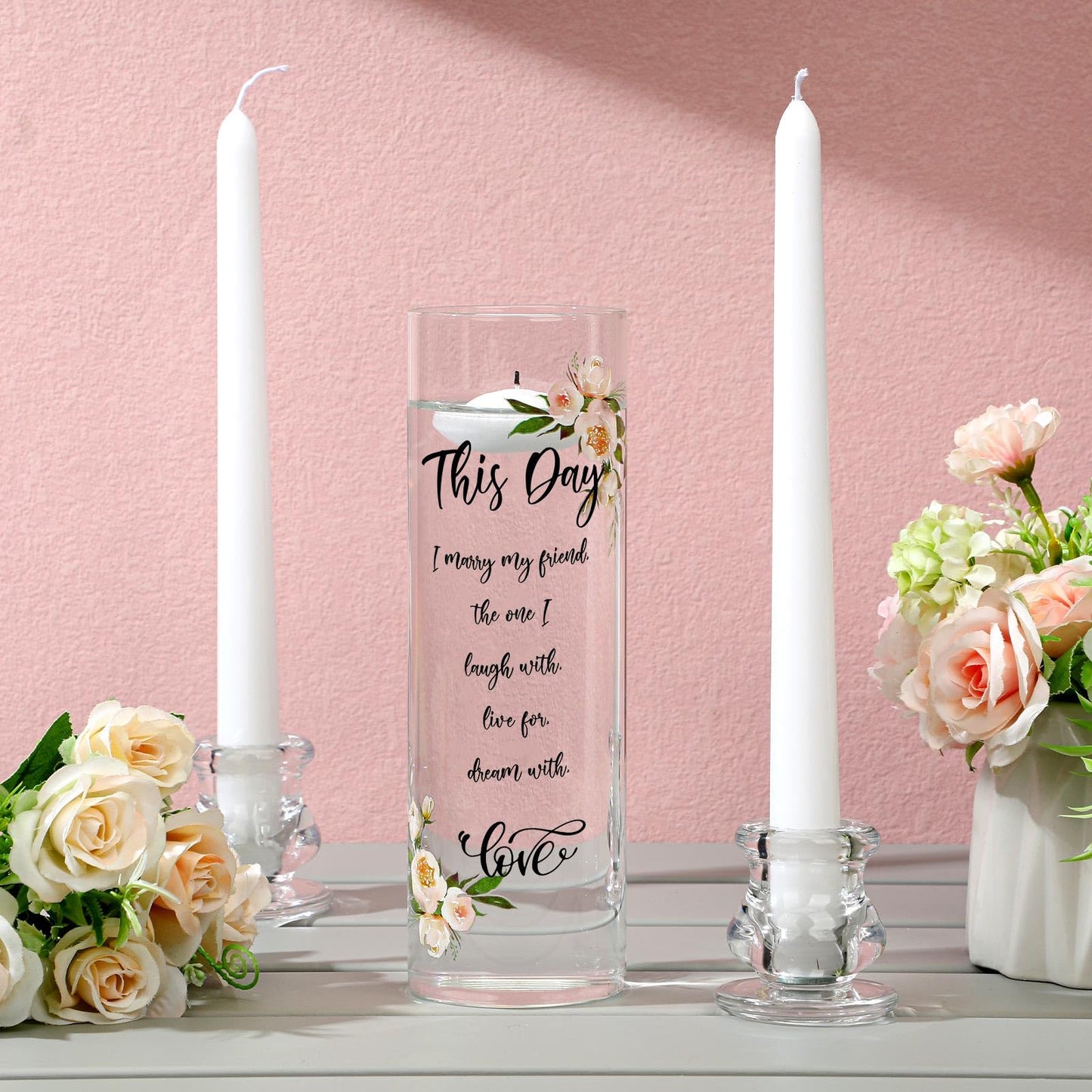 Irenare Unity Candles with Holder for Wedding Ceremony Wedding Decortions Accessories Glass Candle Holder Pillar Candle for Formal Events Church(Fresh Style)