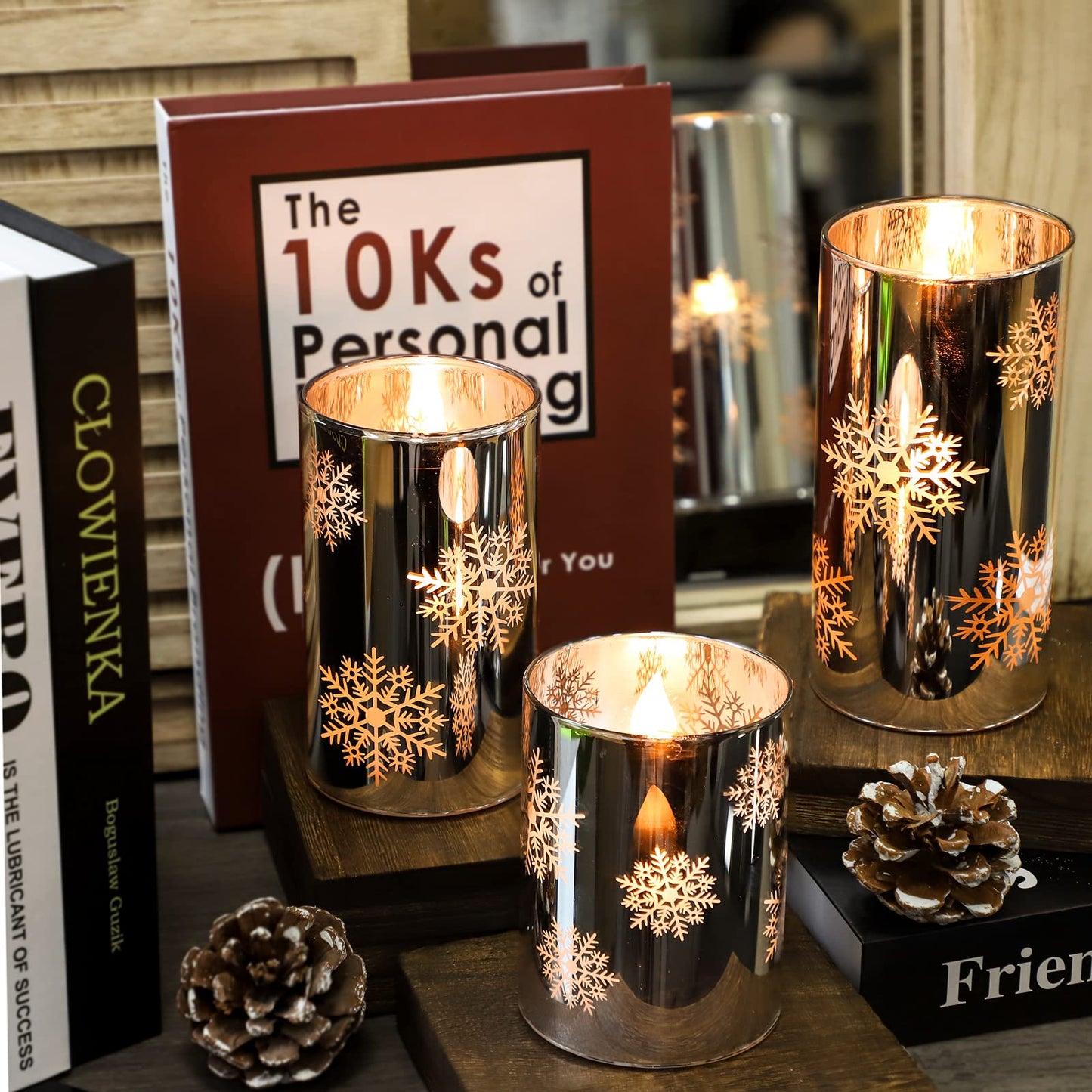 FLAVCHARM Snowflake LED Flameless Candles with Remote and Timer, Electroplate Glass Candles Operated by Battery, Christmas LED Flickering Candles Decoration for Bedroom, Party, Wedding
