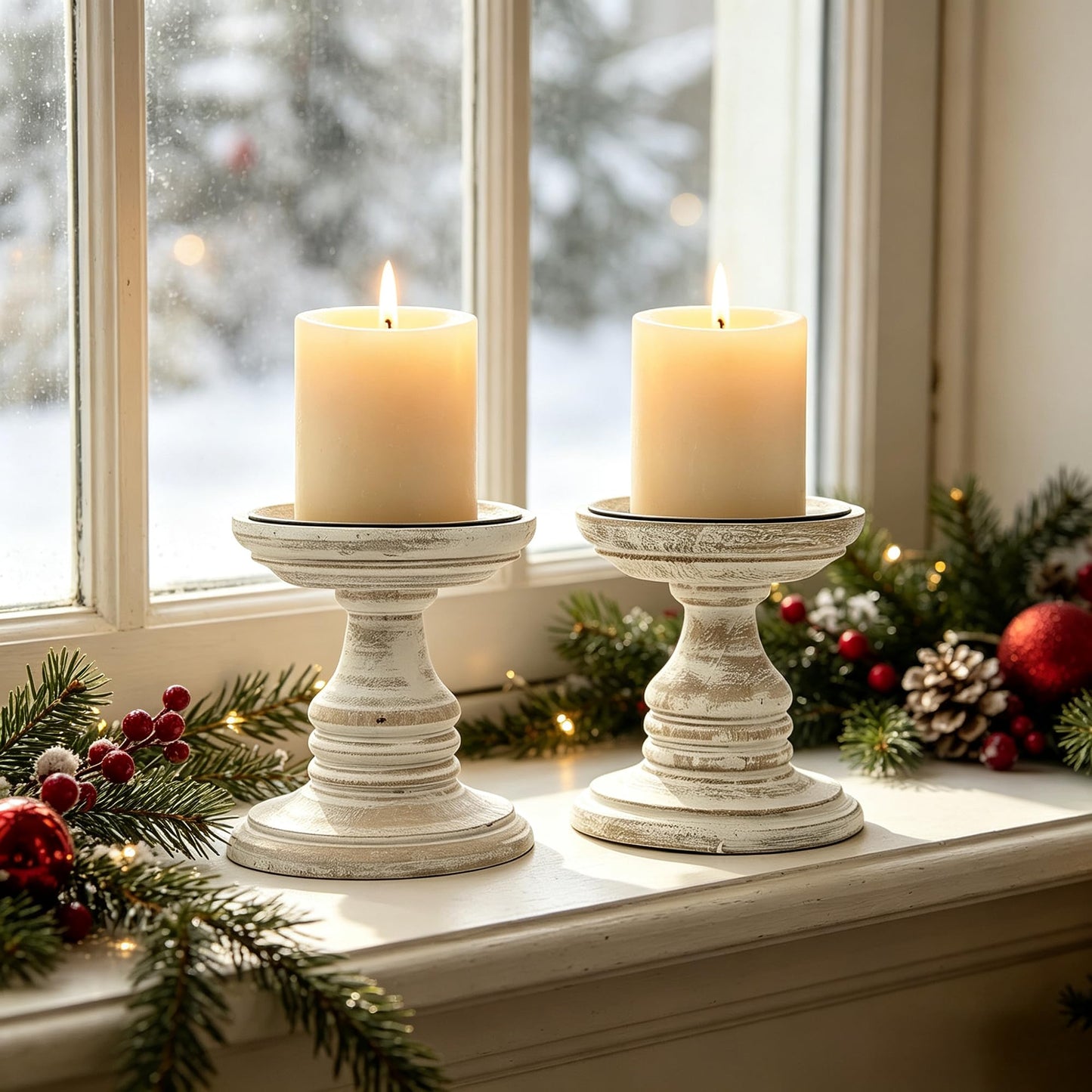 Hosley White 5 Inch High Wooden Pillar Candle Holder Country Style. Ideal Gift for Wedding Party Home Spa Reiki Aromatherapy LED Votive Candle Gardens W1