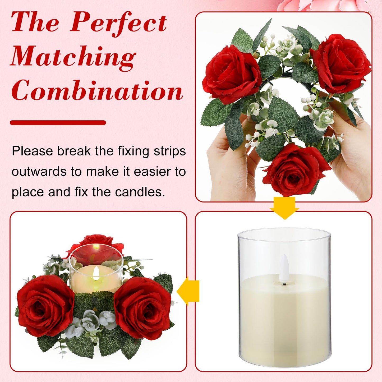 Yunlly 12 Pcs Rose Candle Rings with Flameless Candles Sets, Artificial Flower Eucalyptus Wedding Centerpiece 3 Inch Pillar Candleholders Wreaths for Wedding Party Mother's Day (Red)