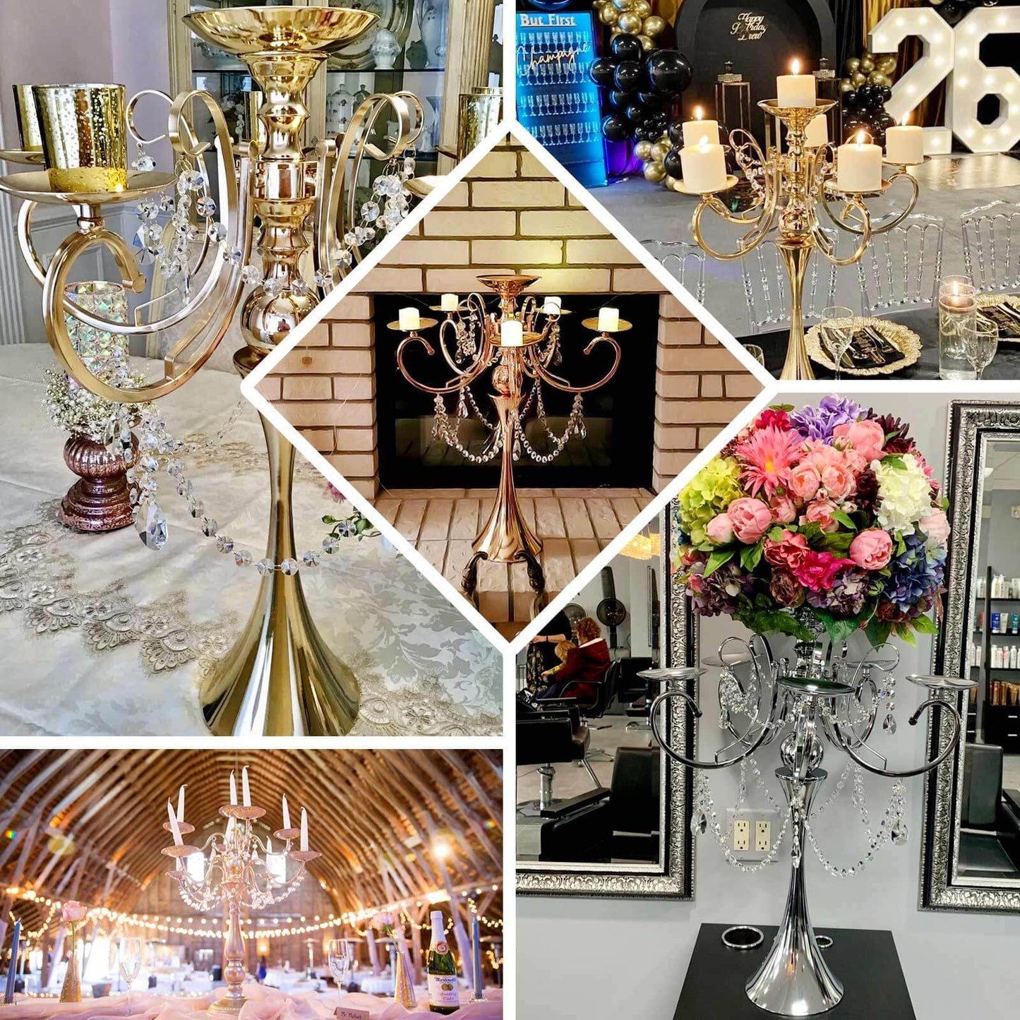 Efavormart 27" Gold Metal 5 Arm Candelabra Votive Candle Holder with Hanging Crystal Drops