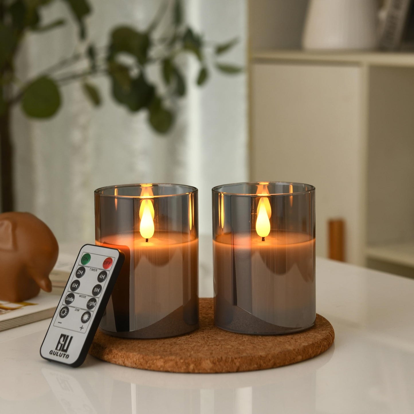 Guluto Glass Battery Operated LED Flameless Candles, Set of 2, D 3" x H 5", Real Wax Pillar Flickering Candles with Remote and Timer, Electronic Candle with 3D Wick for Festival Home Party Decor Grey