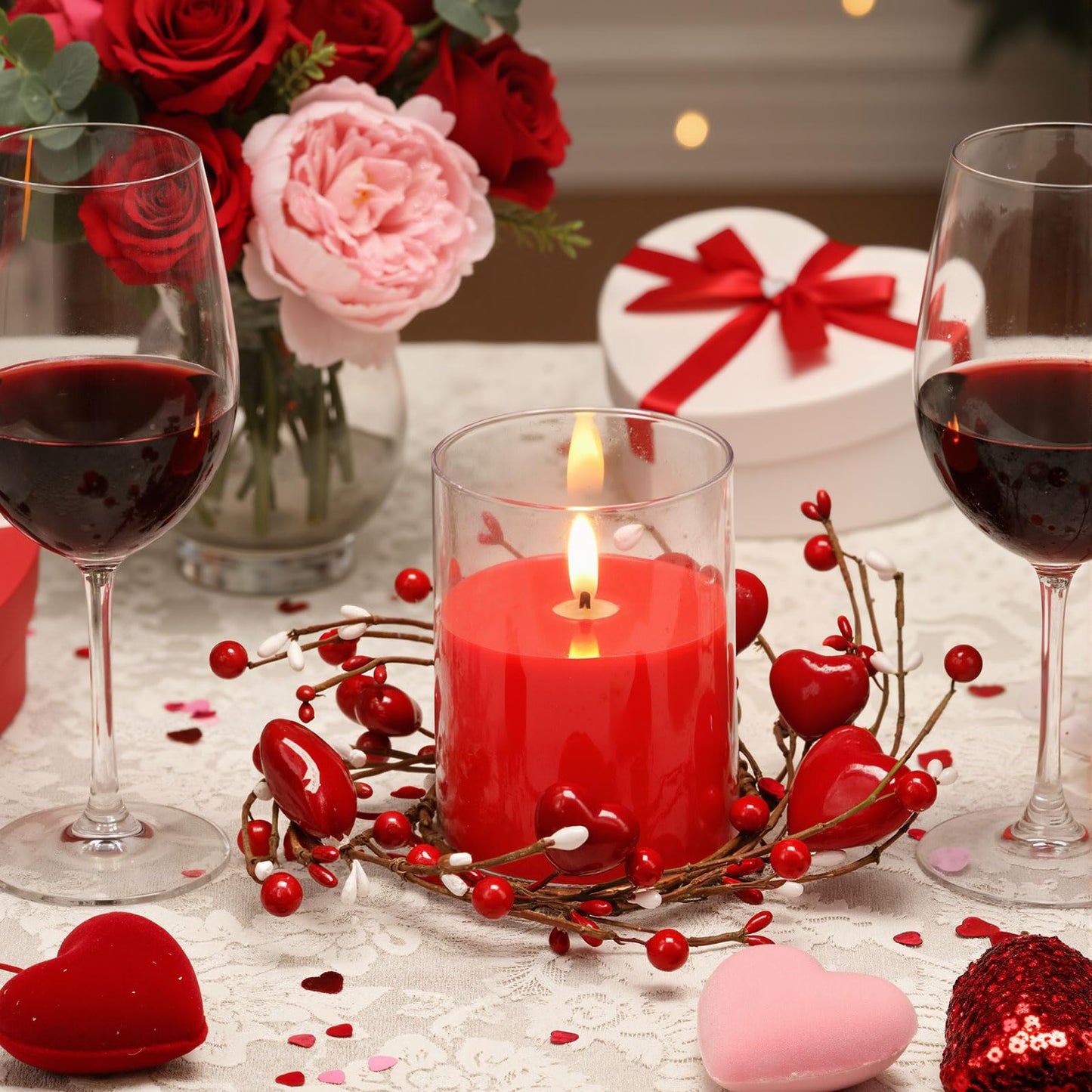 Yunlly 4 Pcs Valentine Candle Wreaths Rings Red Heart and Berry Candle Holder Rings with LED Flameless Red Candles, 9.5" Wide for Valentine's Day Wedding Windows Table Centerpieces