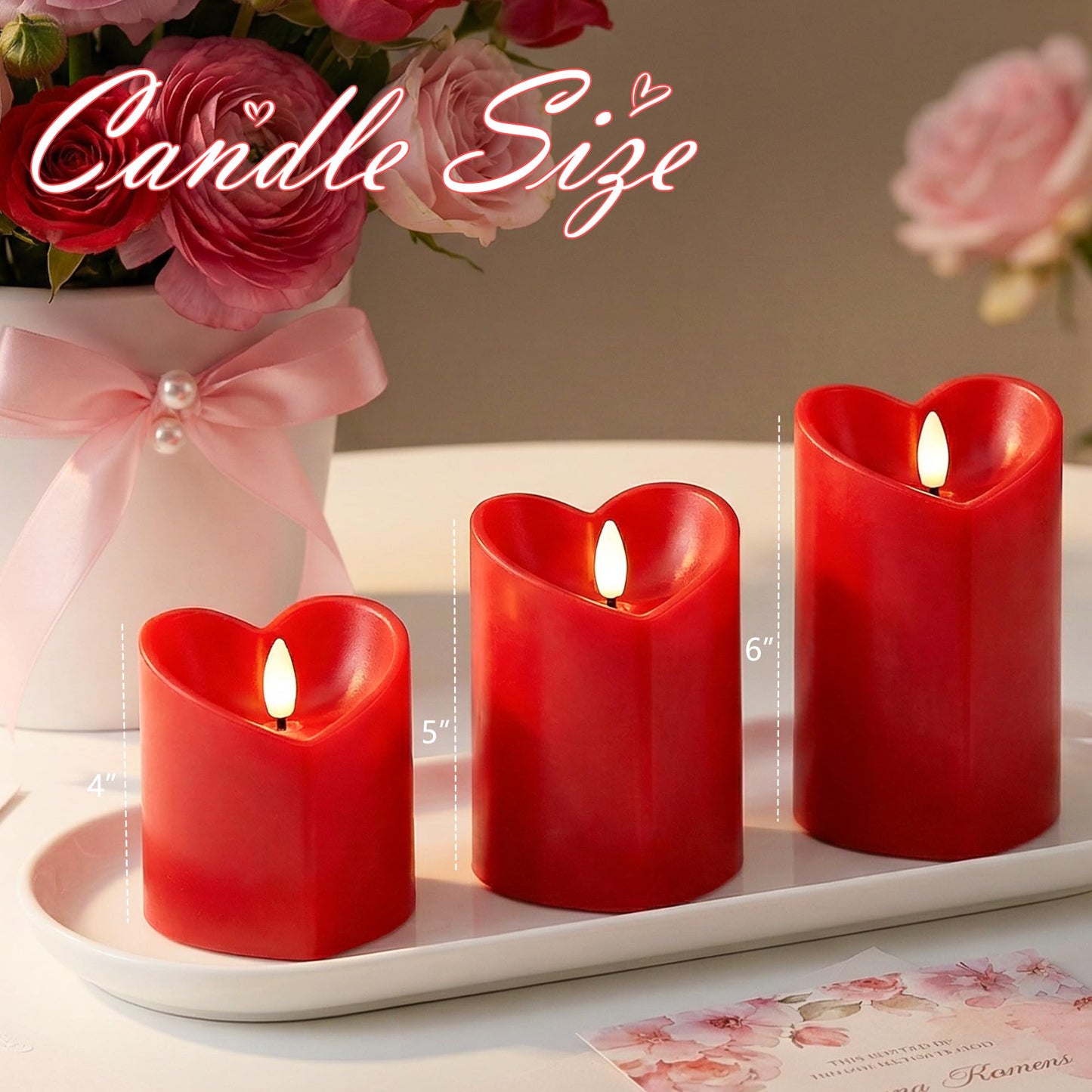 AFINETH Valentines Day Flameless Candles with Remote, Heart Shaped Candles Battery Operated 3 Pack Red LED Pillar Candles for Wedding Proposal Anniversary Romantic Night