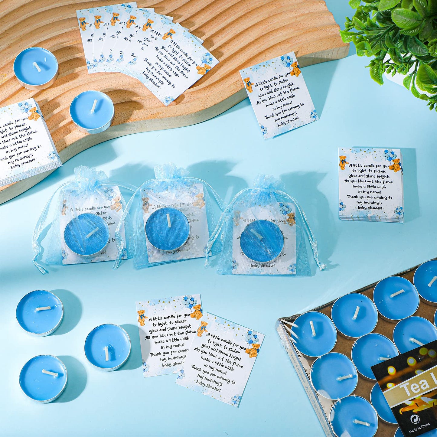 Amyhill 100 Set Bear Baby Shower Party Favors Gift Includes Unscented Blue Tealight Candles Gender Neutral Gift Candles Baby Shower Cards and Organza Bags for Guests Friend Gender Reveal Party