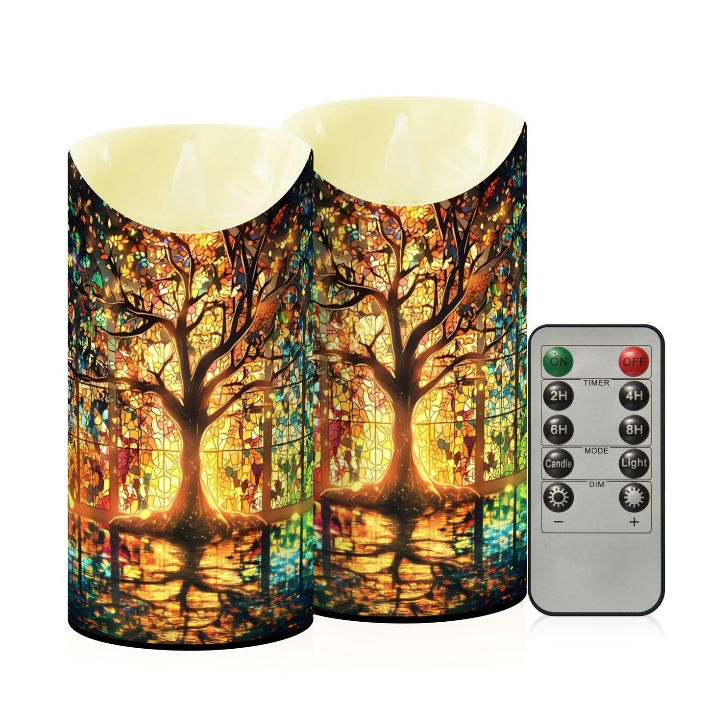 ZRYSMY Stain Glass Tree Flameless LED Candles with Remote and Timer - 5.9”x3”, 2 Pack, Battery-Operated Flickering Pillar Candles for Home Decor