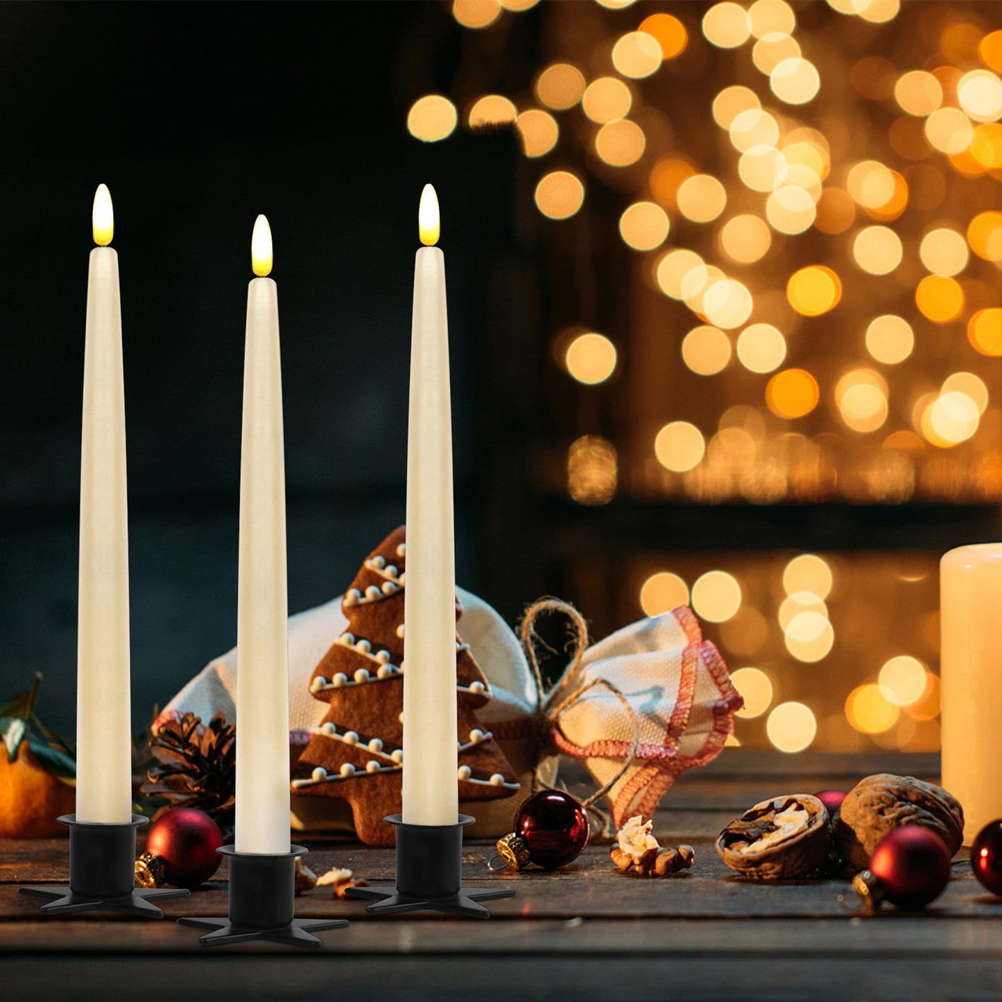 CVHOMEDECO. Flameless Taper Candles with 10-Key Remote, Battery Operated Led Flickering 3D Wick Window Candles Real Wax Finished Home Christmas Party Decor 0.78 x 11 Inch, Pack of 3, Ivory