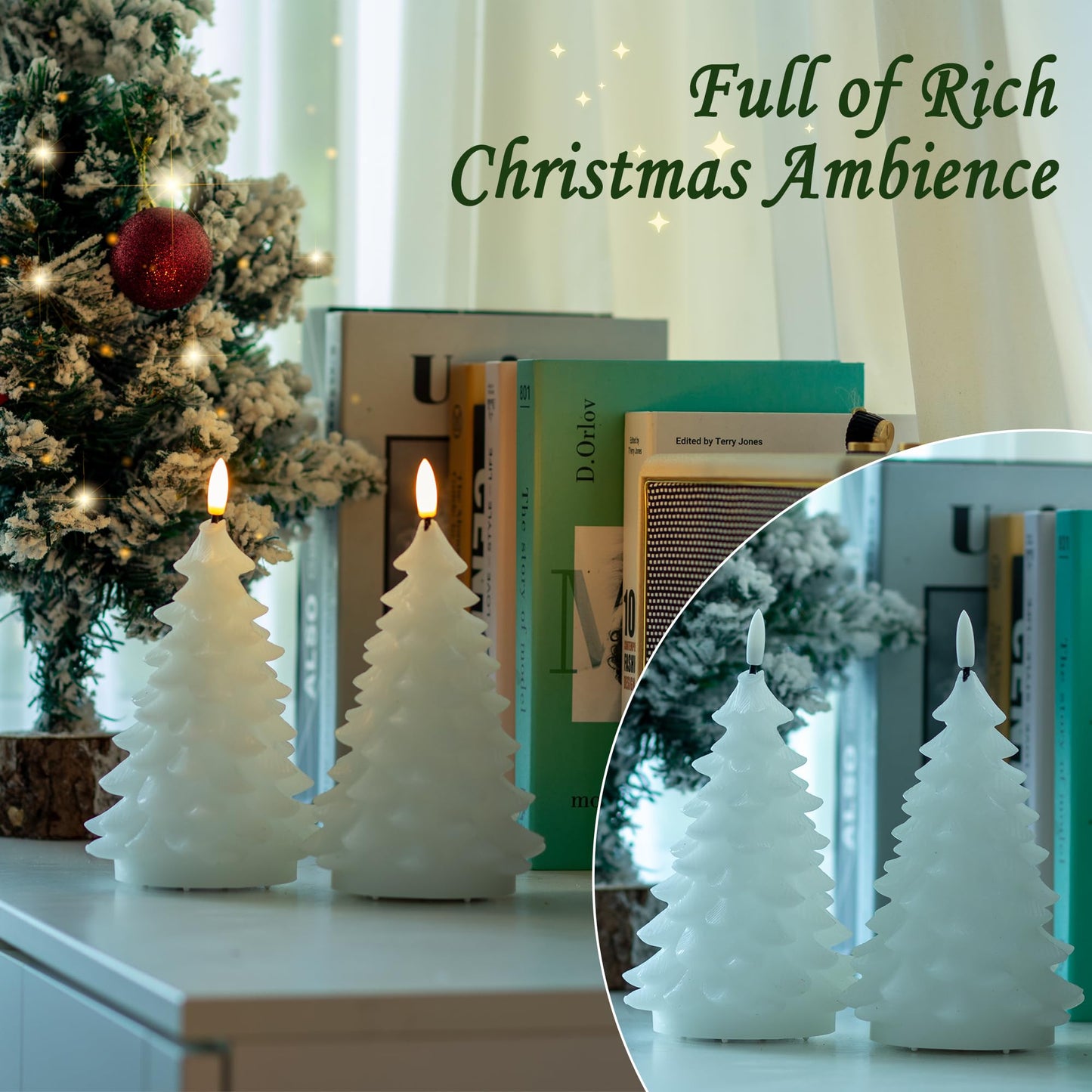 AFINETH Christmas Tree Candles with Remote, 2 Pack White Flameless Candles Battery Operated, Real Wax Flickering Christmas Led Candle Decorations for Winter Home Holiday Xmas Gift