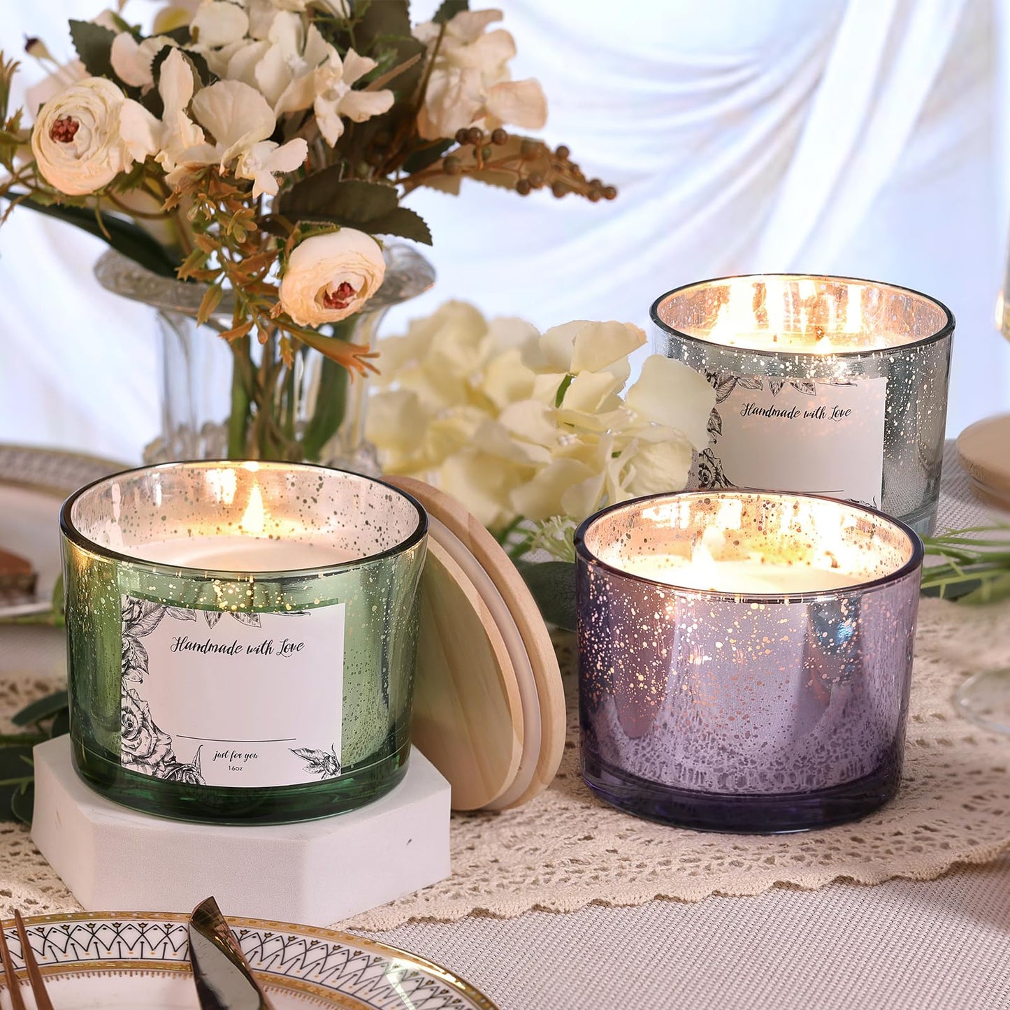 simeitol 16 OZ Speckled Silver Candle Jar for Making Candles 6 Pcs, Glass Candle Jars with Airtight Bamboo Lids - Empty Candle Jars Bulk with Sticky Warning Labels - for Home, Wedding, Christmas