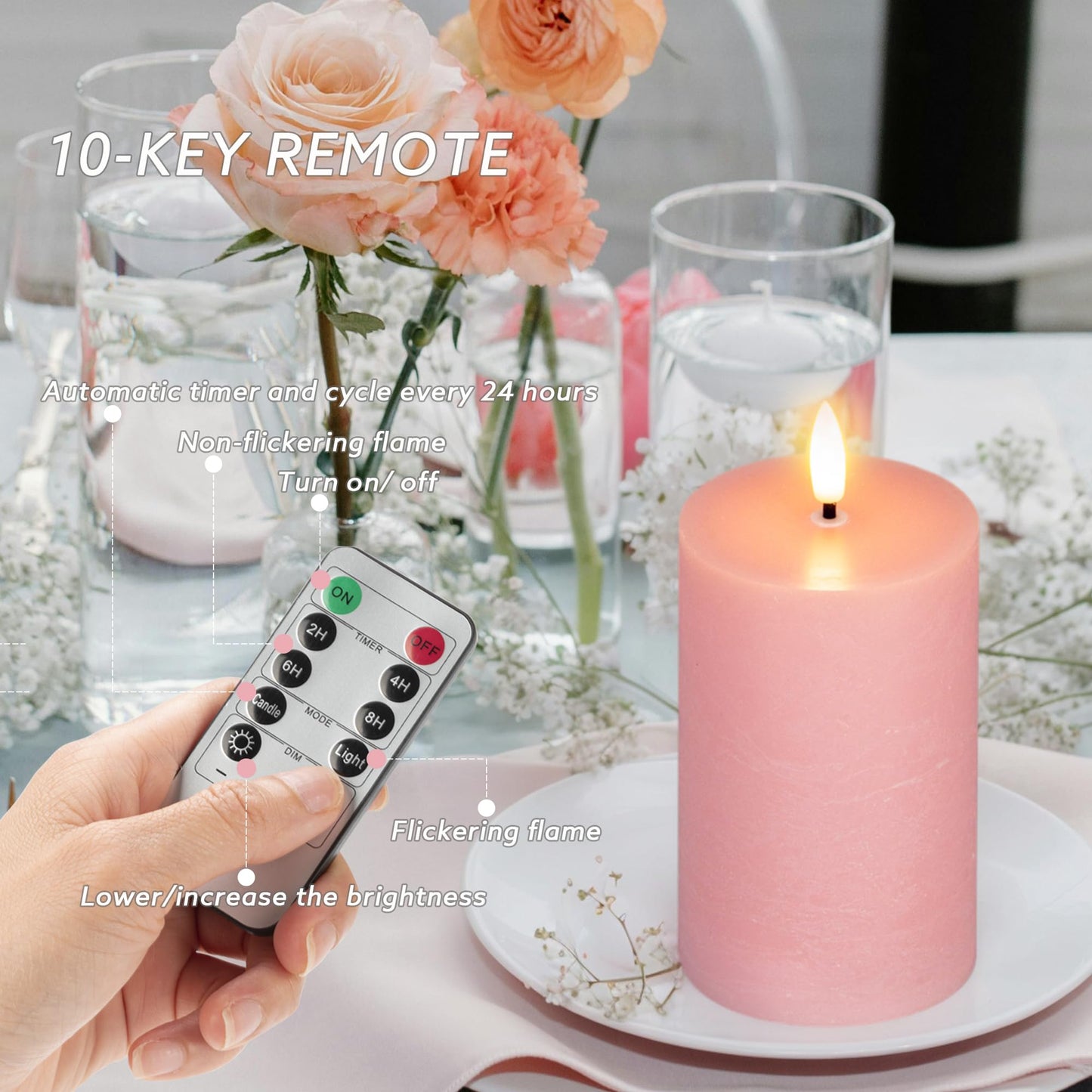 AFINETH Pink Flameless Pillar Candles, Real Wax Battery Operated Candles with Remote, Flat Top Flickering Flameless Candles, LED Candles for Home Party Wedding Romantic Night Decor, Set of 3