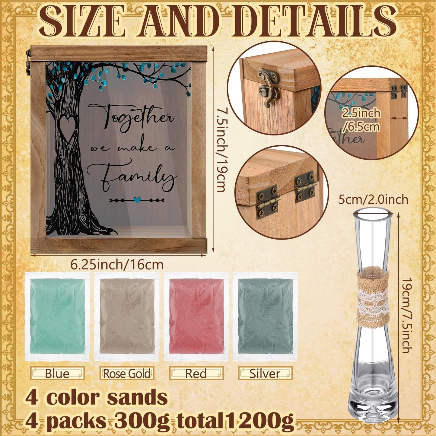 Anglechic Wedding Unity Sand Ceremony Kit with Wood Box 4 Ceremony Vase 4 Wedding Sand Function Sets for Marriage Bridal Party(Bright Color,Tree)