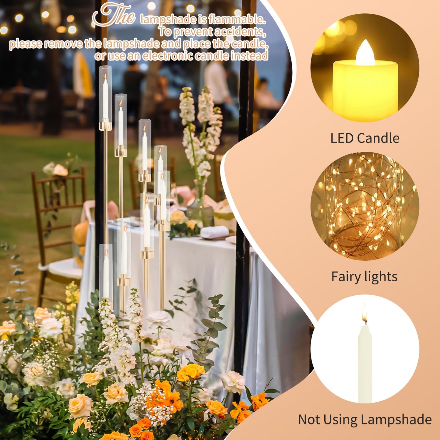 2 Sets Gold Candelabra,8 Arm Candlestick Holders with Acrylic Shades, 44'' High Large Floor Candle Holders for Wedding Centerpieces Table Decorations Fit 0.9" Candles and LED Taper Candles