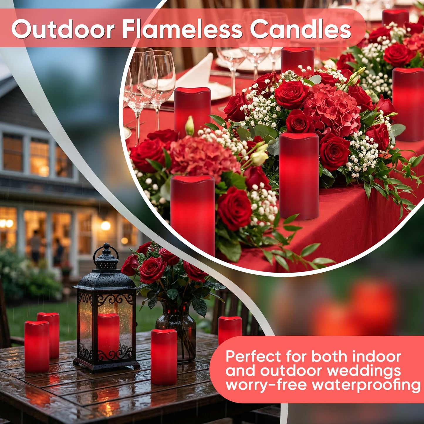 Amagic 3"x6" Red Flameless Candles with Remote, Christmas Battery Operated Candles with Timer, Waterproof LED Pillar Candles for Thanksgiving Table, Home, Outdoor Decor, Plastic, Set of 2