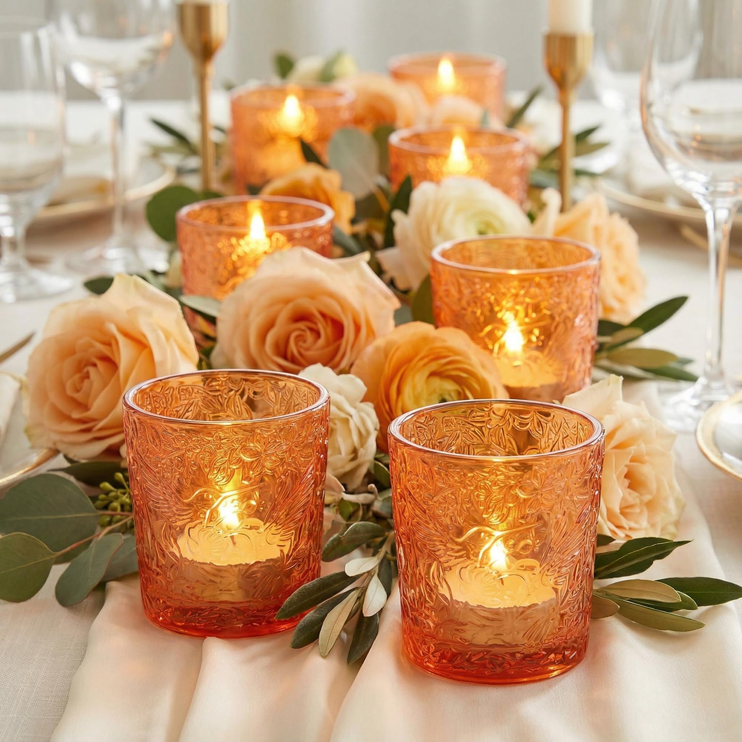 12 Pack Hummingbird Embossed Glass Candle Holders – Votive Tealight Holders with Patent Design, Decorative Embossed Glass Cups for Wedding Centerpieces, Parties, and Home Décor (Pumpkin Spice)