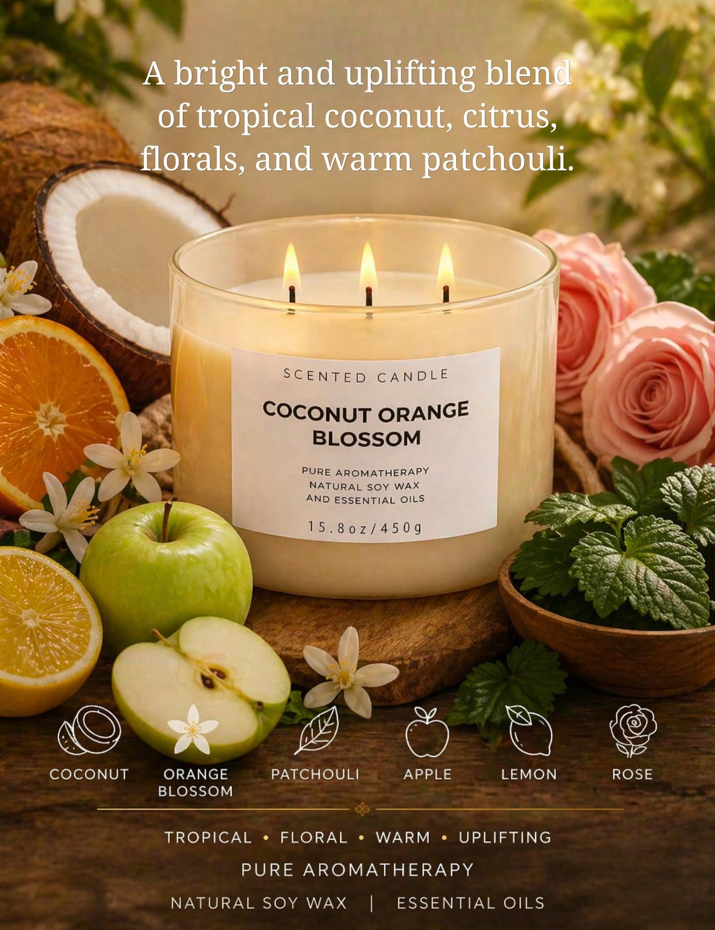 Coconut Orange Blossom Candle | 3-Wick Large Soy Candle 15.8 oz | Creamy Tropical Citrus Floral Scented Candles for Home | Strong Throw, Clean Burn Long Lasting | Aromatherapy Gift for Women