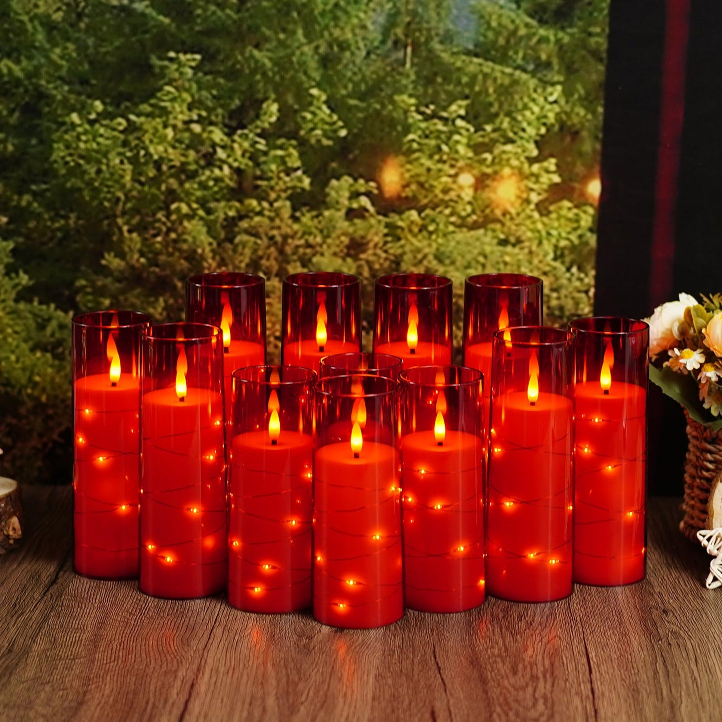 Sasigeiaa Flameless Candles with Embedded Star String - Battery Operated LED Candles, with Remote,12 Red Flickering Candles for Christmas, Weddings, Home Decor & Party,(D 2.3"×H 5" 6" 7")