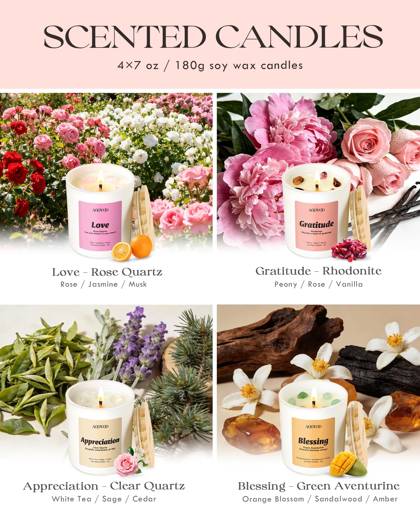 AOOVOO Fathers Day Candles Set for Dad - 4 Pack Candles for Home Scented, Aromatherapy Candle with Crystals, Gratitude Rhodonite/Appreciation Clear Quartz/Blessing Aventurine/Love Rose Quartz