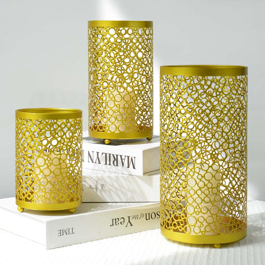 Metal Candle Holders Set of 3, Decorative Tealight Candle Holder Sets, Candlestick for Pillar Vintage Style Perfect for Tabletop Centerpieces (Gold, Square Pattern)