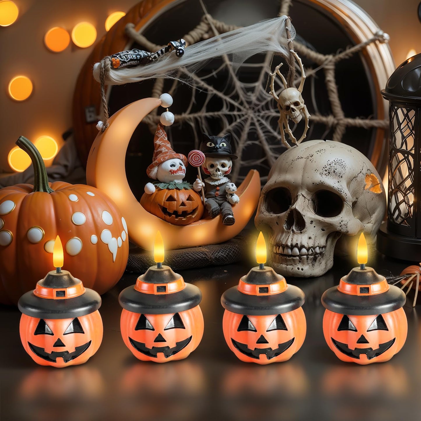 Homemory Real Wax Pumpkin Candles, 4 Pcs Flickering Flameless Candles with 6hrs Timer, LED Halloween Pumpkin Lamp, Battery Operated Lights for Home Halloween Decor, Theme Party, Orange