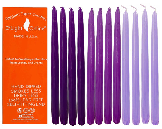 D'light Online Elegant 10" Purple Gradient Taper Candles Premium Quality- Unscented, Hand-Dipped Tapered Candles, Dripless and Smokeless - Set of 12 (10 Inch, Purple Gradient)