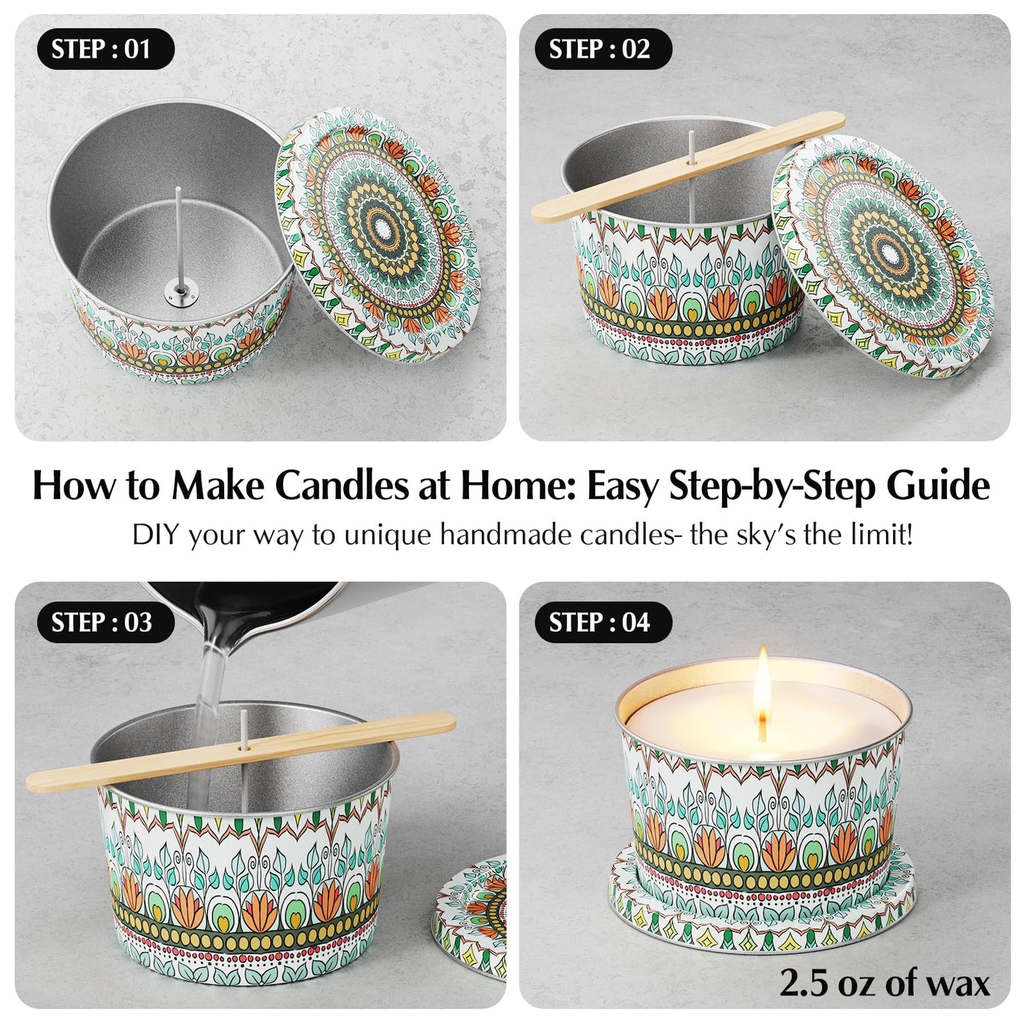 Happyhube Empty Candle Tins for Making Candles, 24 Pack 2.5 oz Metal Containers, Travel-Friendly Rust-Proof Tins with Lids, 24 Patterns Jars(Colourful)