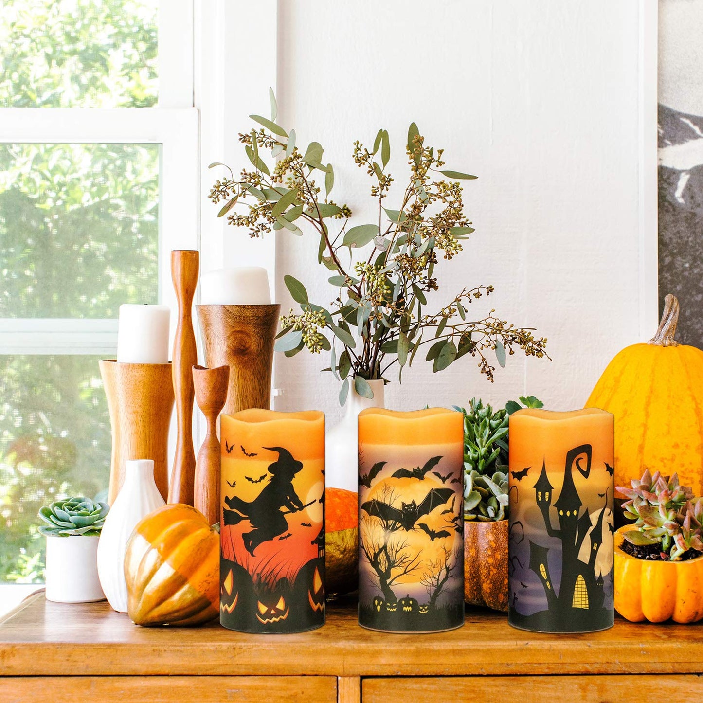 Eldnacele Halloween Flameless Flickering LED Candles with 6-Hour Timer, Battery Operated Wax Candles Assorted Decals Witch, Bats, Castle Set of 3 for Decoration