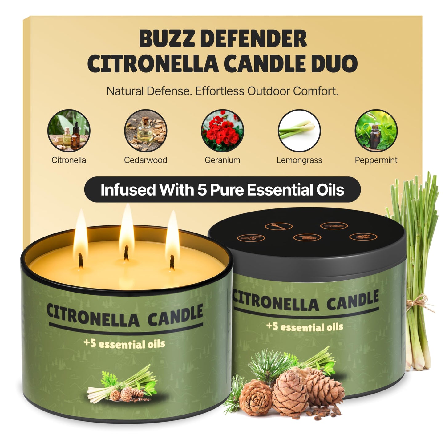Buzz Defender 2-Pack 14oz Outdoor Citronella Candles | Highly Effective 100% Natural | 64h | Large Citronella Candles Outdoor, Ideal for The Backyard Porch, Patio and Camping | Extra Strong (Regular)