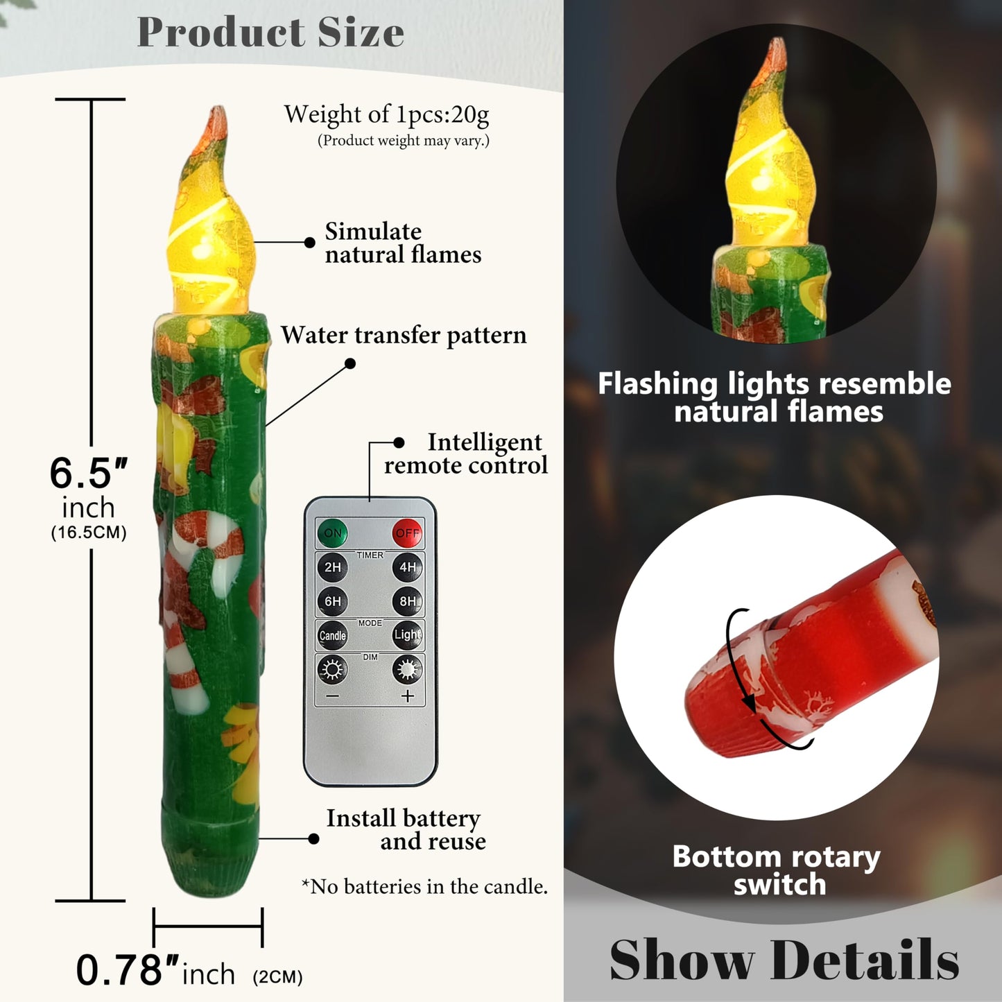 FCMSHAMD Christmas Flameless Short Taper Candles, Red Green LED Battery Operated with Remote, Flickering Flame Lights for Home Décor, 6.7 Inch Primitive Flameless Print Candles, 4PCS
