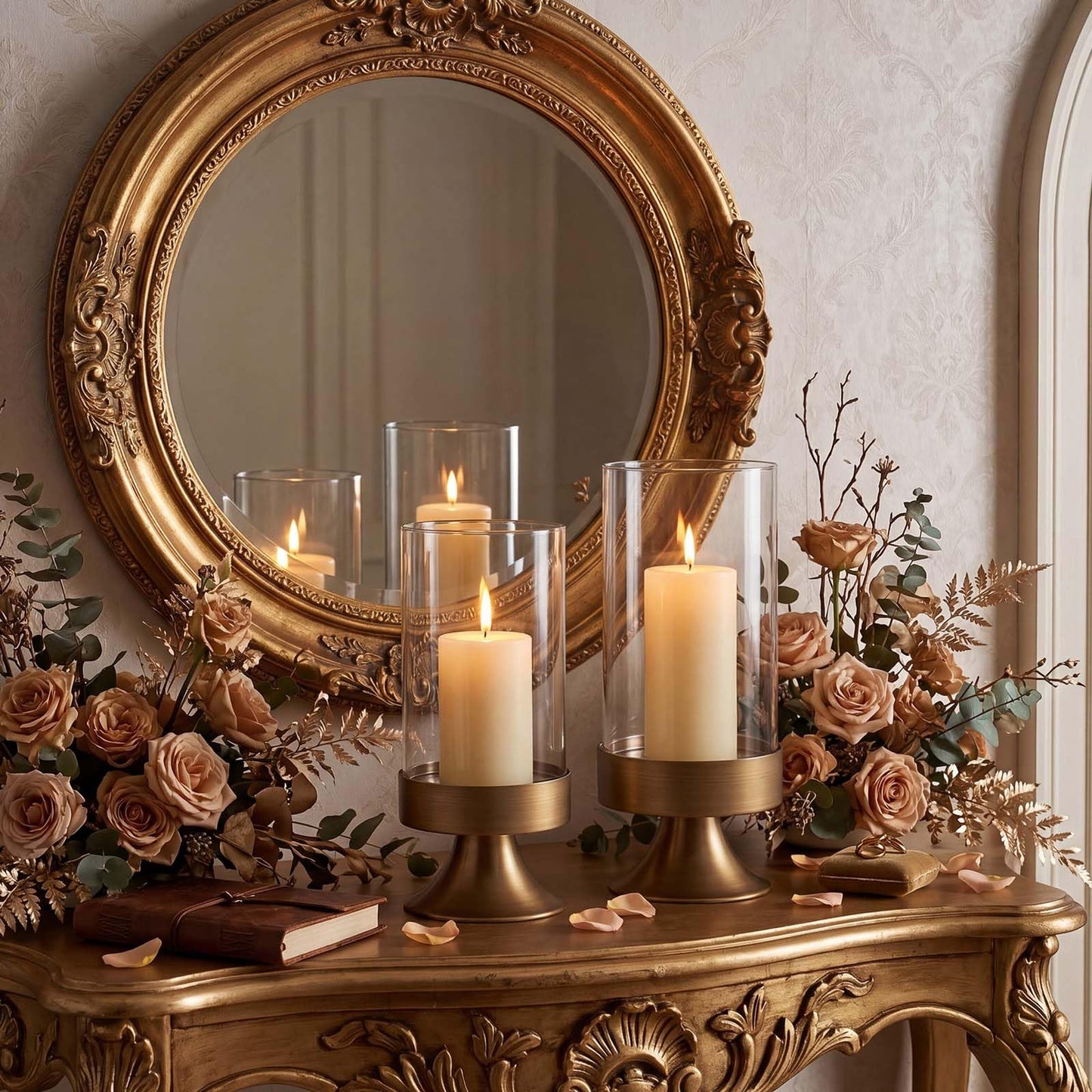 Gold Hurricane Candle Holder with Glass Cylinder Decorative Metal Pedestal Candlestick Holders for Pillar Candles Elegant Centerpiece for Dining Table Wedding Fireplace Mantel Living Room Home Decor