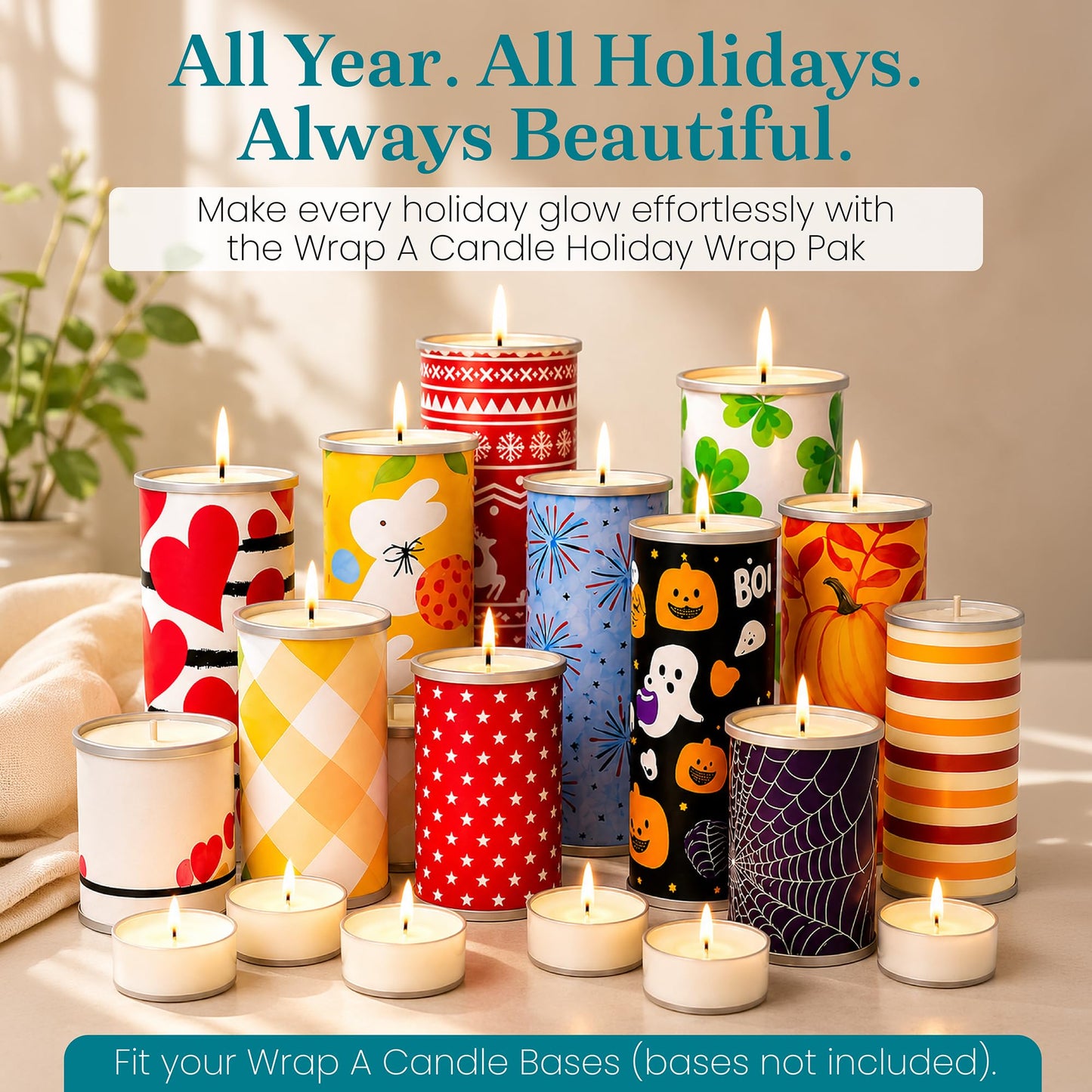 Wrap A Candle Holiday Wrap Pak – Dual-Sided Decorative Candle Wraps, 8 Holiday Designs, Reusable & Interchangeable, Year-Round Home Décor
