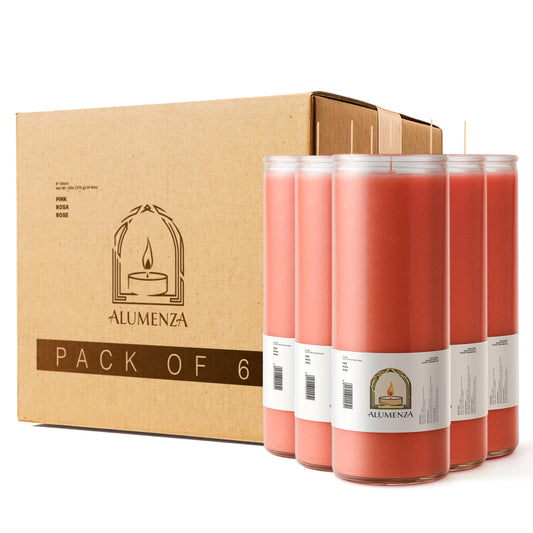 Alumenza Bulk 6 Pack Pink 7 Day Candles in Glass Jar – Paraffin Wax, Clean Burning Unscented | Large & Tall Devotional Prayer Pillar Candles for Home, Memorial, Spells, Long Lasting