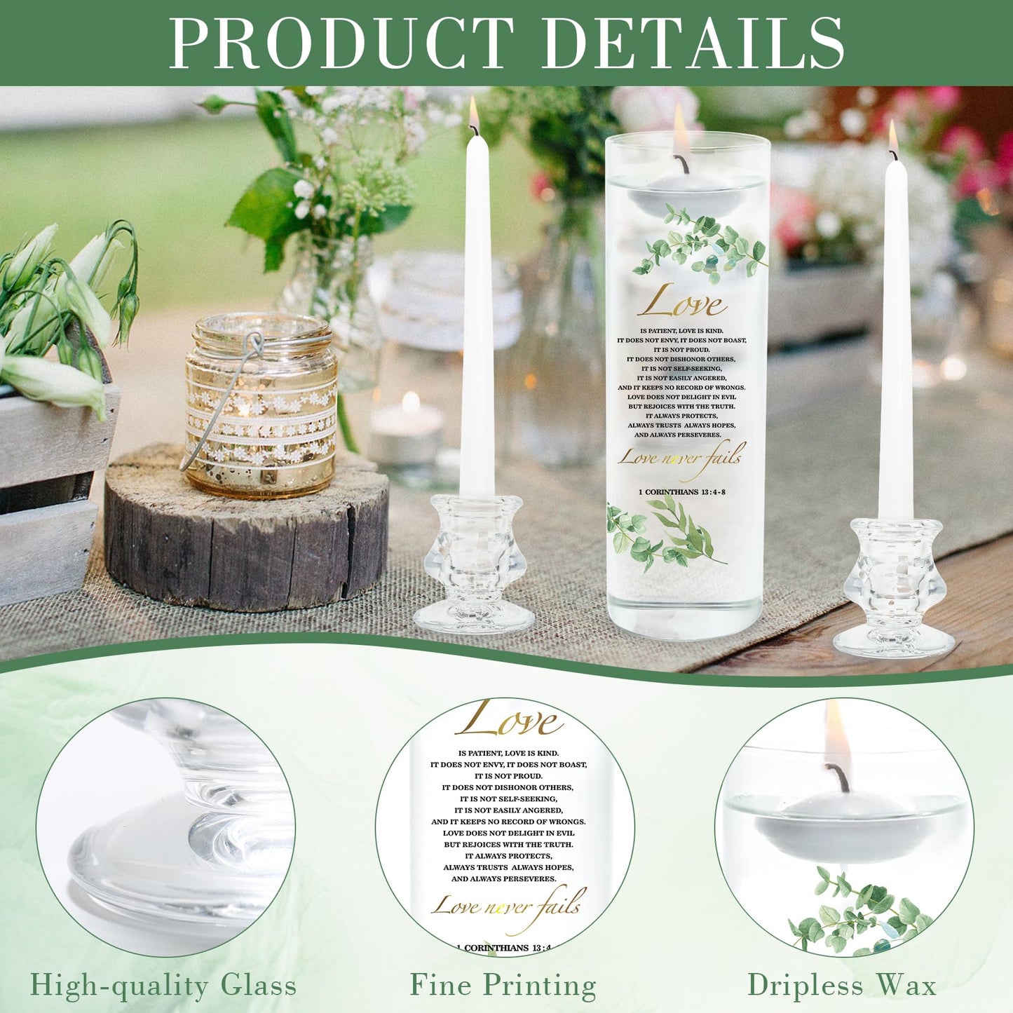 Unity Candles with Glass Holder for Wedding Ceremony - Unity Candles for Wedding, Religious Ceremony Ideas Marriage Decoration Accessories Set for Newly Couple Anniversary Church