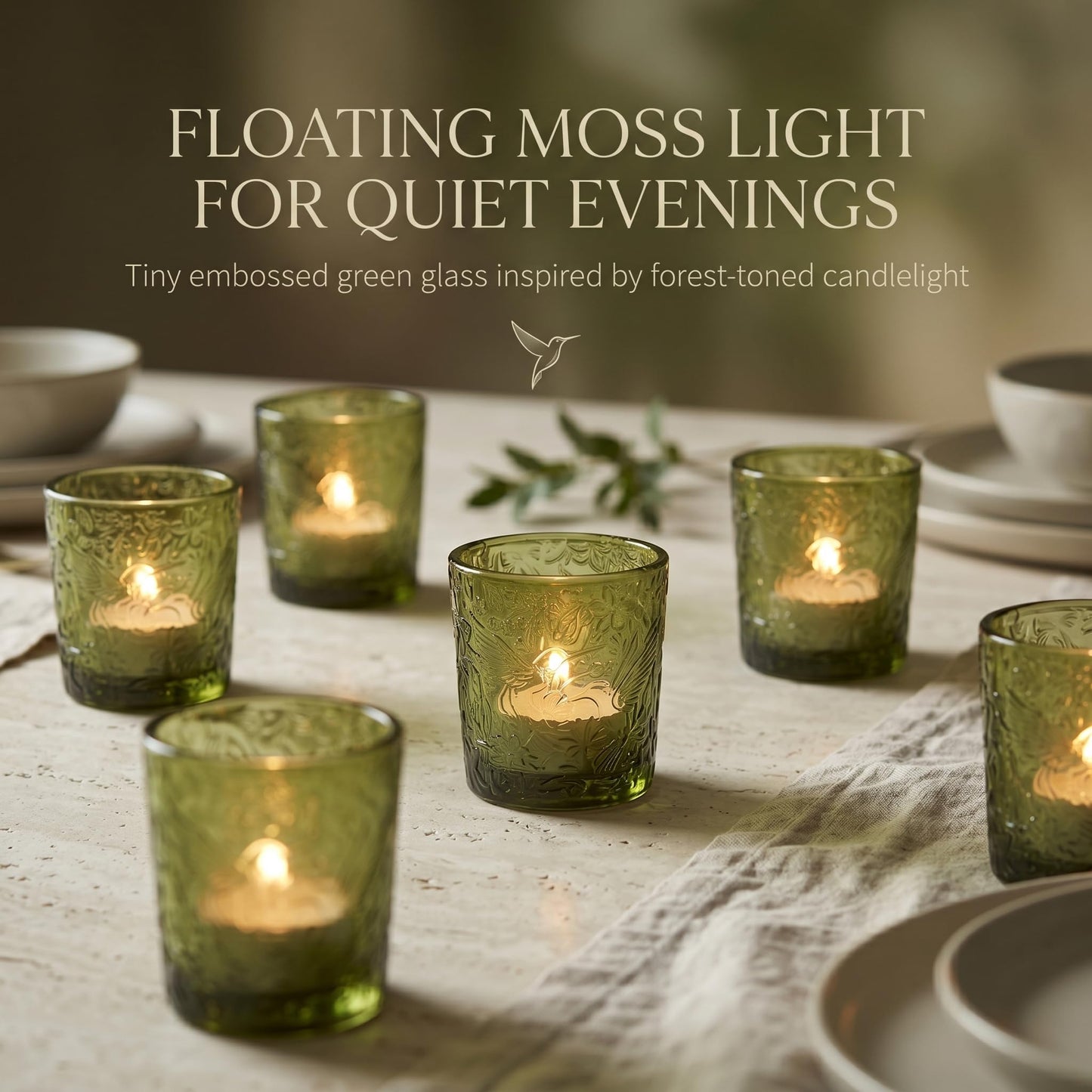 12 Pack Hummingbird Embossed Glass Candle Holders – Votive Tealight Holders with Patent Design, Decorative Embossed Glass Cups for Wedding Centerpieces, Parties, and Home Décor (Moss Green)
