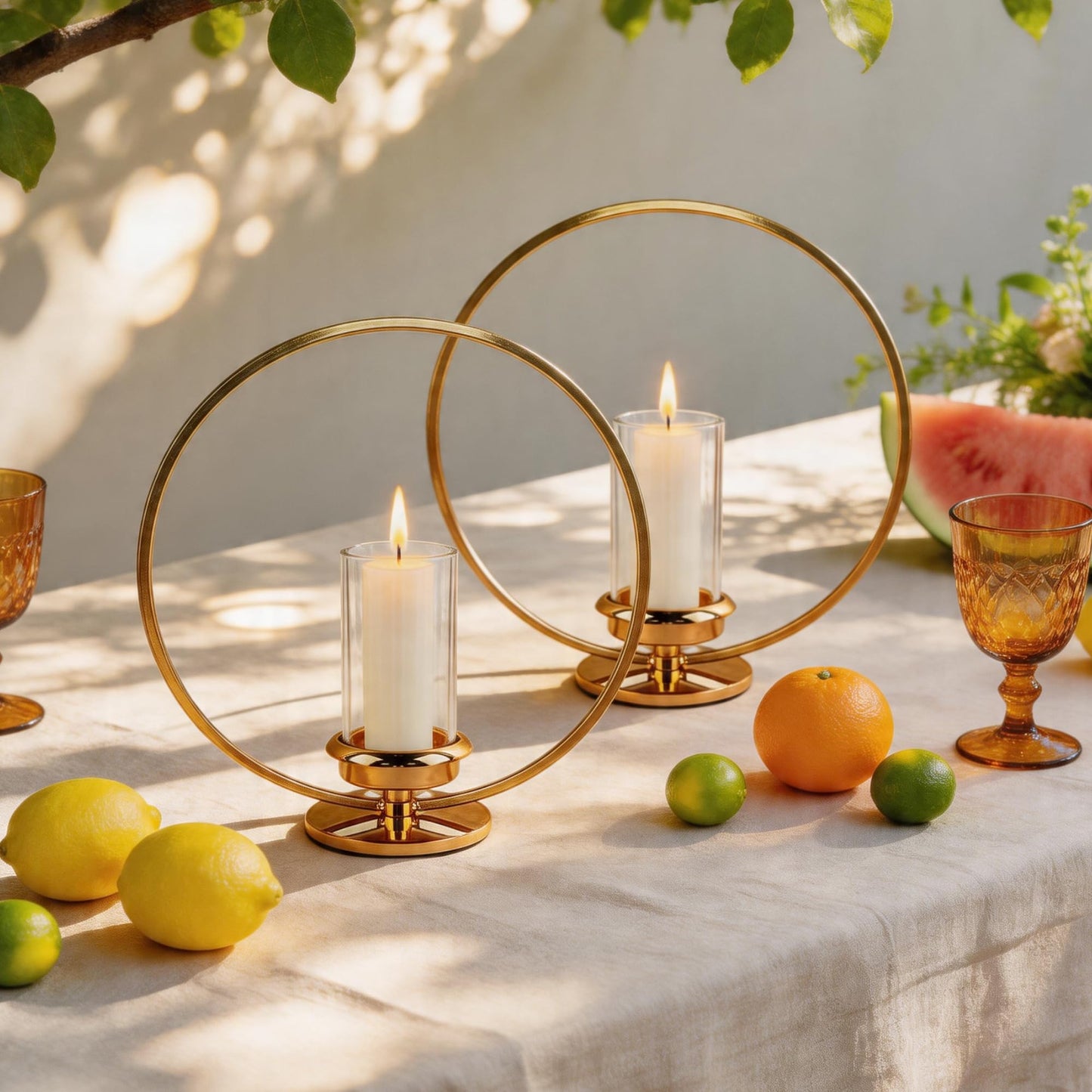 HiSnug Hurricane Candle Holders Set - Circular Metal Candlestick Holders with Glass Sleeve, 2PCS Simple Decorative Candleholder for Dining Table Centerpiece Shelf Home Decor, 2PCS, L+L, Gold