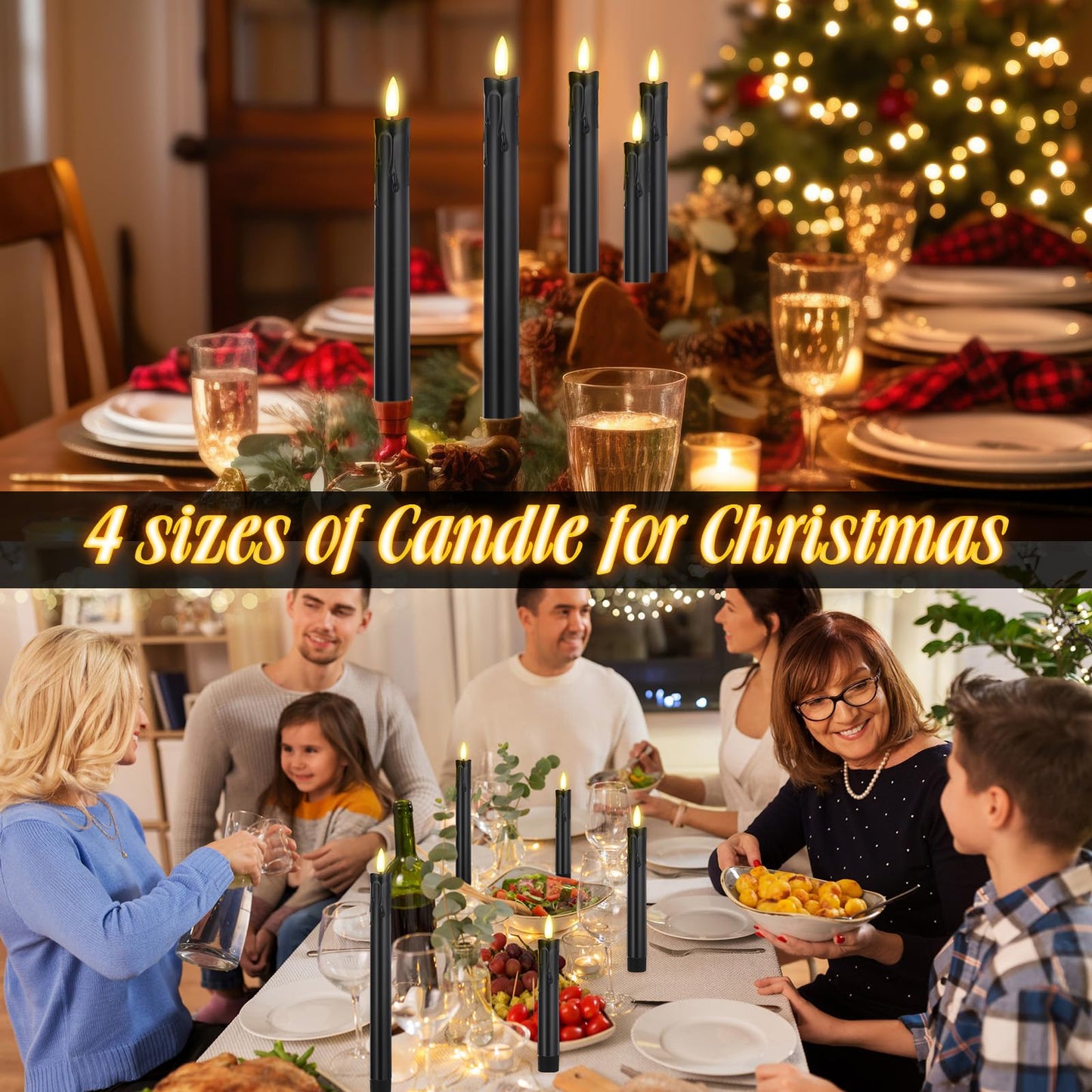 Macarrie 24 Pcs Black Flameless Taper Candles LED Battery Operated 6.5'', 7.7'', 8.8'', 10'' 3D Flickering Flame Candlesticks Drip Wax Shaped Candle for Wedding Anniversary Party Decoration