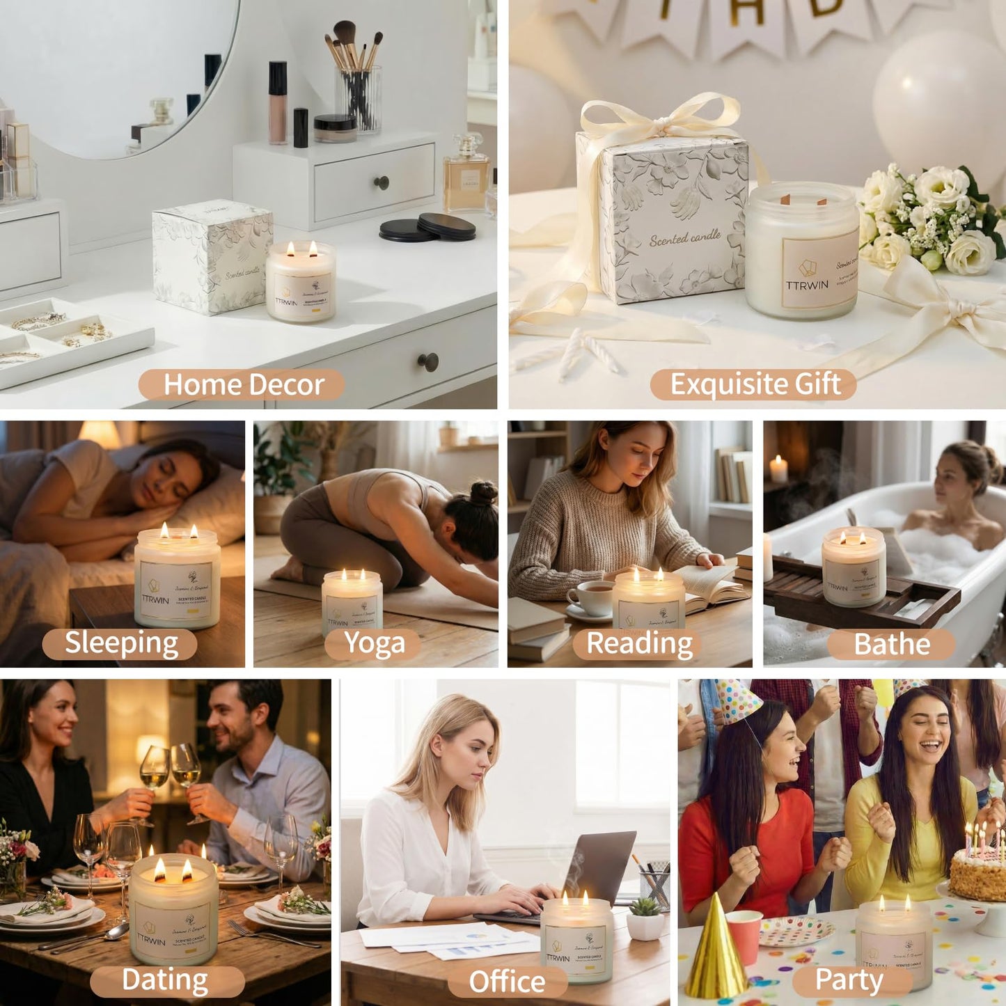 TTRWIN Scented Candle Gifts for Women, 2 Wooden Wick Natural Soy Wax Jar Candles, Home Aromatherapy Candles for Cosy Living Room and Bedroom, Gifts for Christmas Birthday Mother's Day