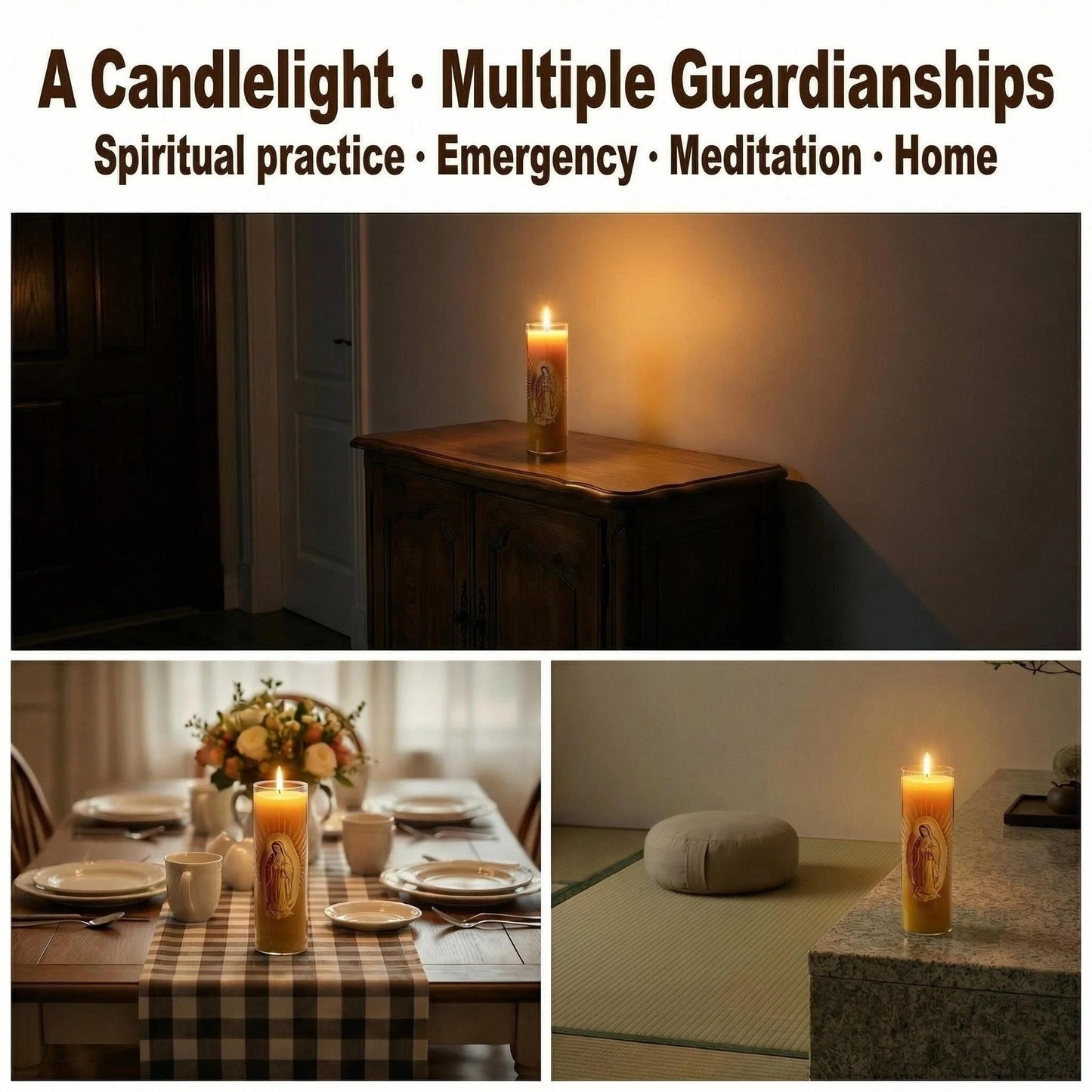 Virgen de Guadalupe Glass Beeswax Pillar Candle, 80-Hour Long Burning Smokeless Dripless Emergency Candle for Church, Prayer & Meditation, Christian Gifts for Women (Yellow, White)