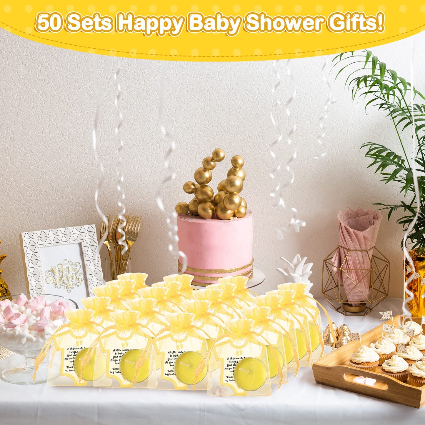 Roowest 50 Set Baby Shower Party Candles Gift for Guests Cute Tea Lights Candle Decorations with Thank You Cards Organza Bags for Girl Boy Baby Shower Gender Reveal Favors(Yellow)