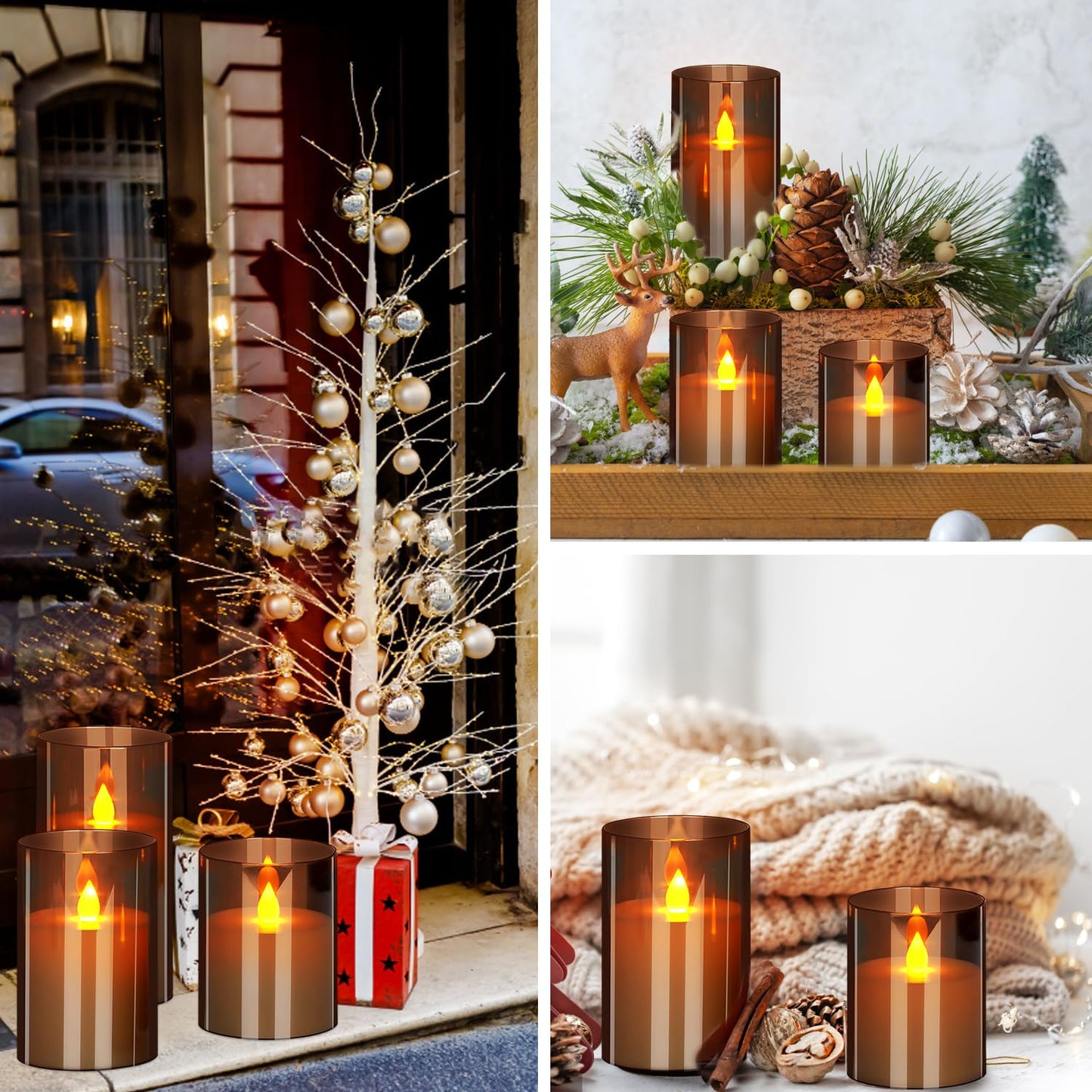 Flameless Candles 4" 5" 6" Acrylic Glass Pillars 3" Diameter Battery Operated Flickering Candles Include Remote with 24Hour Timer Function 400+ Hours by 2 AA Batteries (Gray, Warm Light 6 Pack)