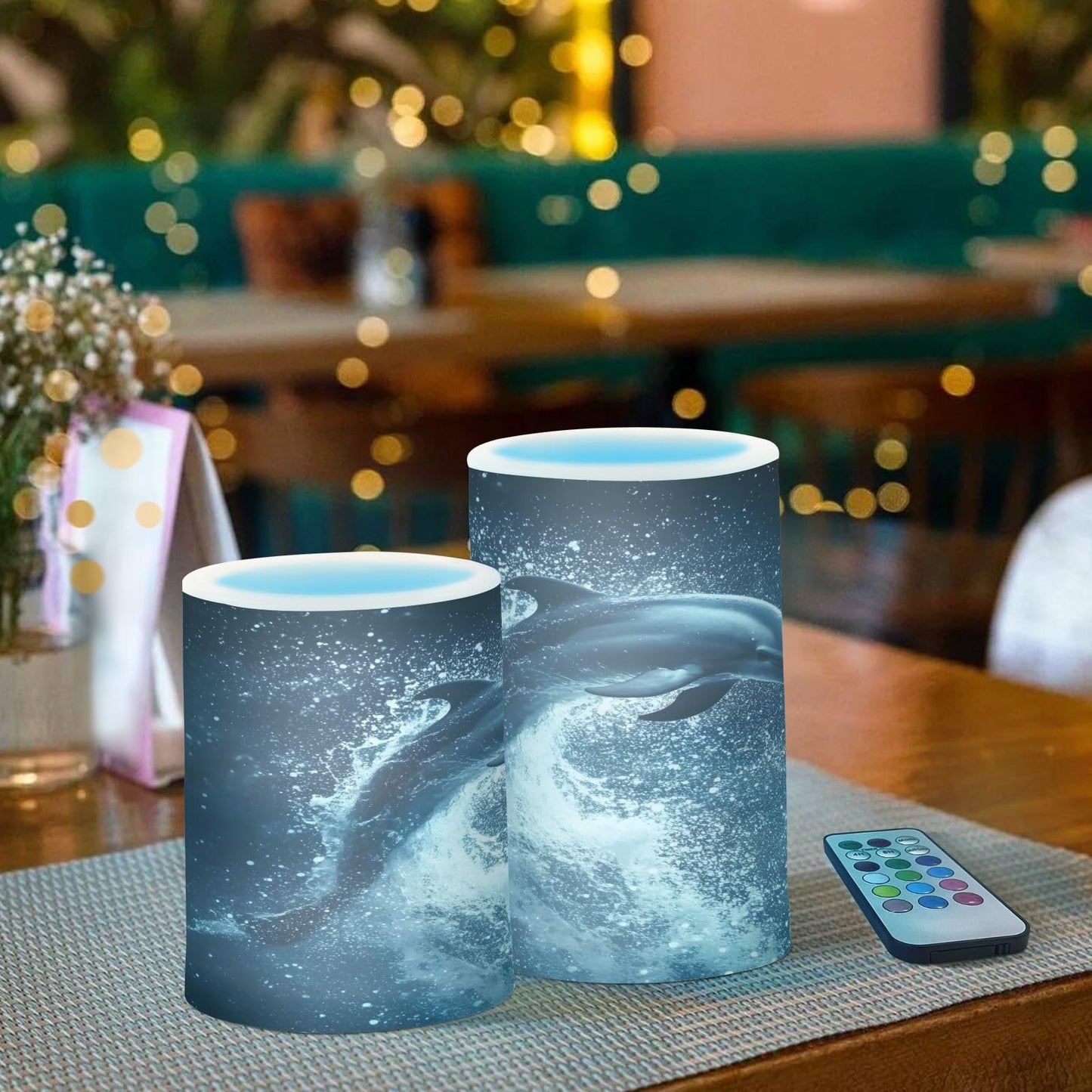 ALAZA Flameless Candles with Remote Timer,Ocean Dolphin Battery Operated Candles Set of 2 LED Tea Lights Flickering Pillar Votive Candles for Indoor Outdoor Decor