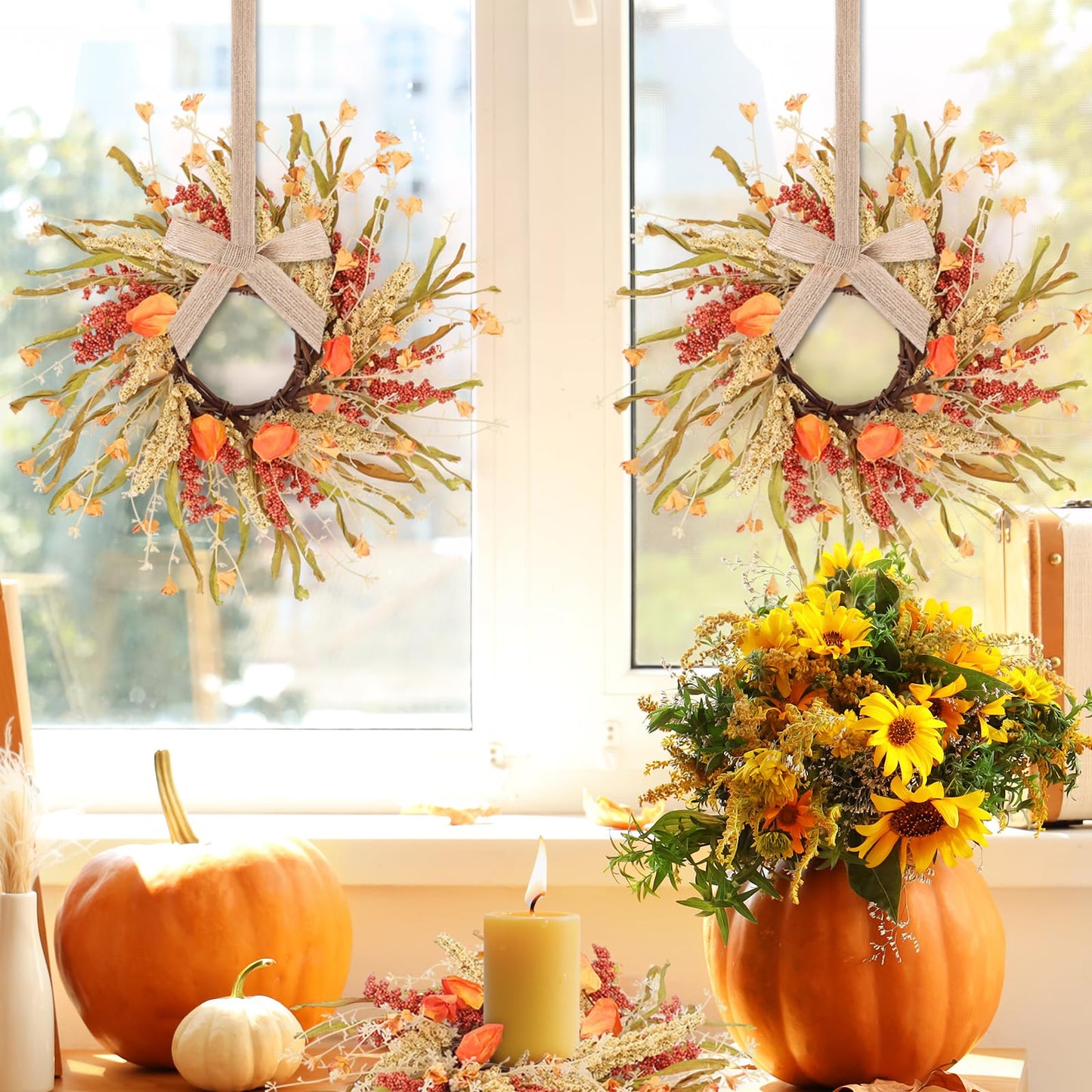8 Pcs Fall Candle Rings 9 inch Thanksgiving Autumn Wreaths with Flowers for Tables Artificial Farmhouse Candle Rings Wreath for Front Door Porch Wall Window Decorations