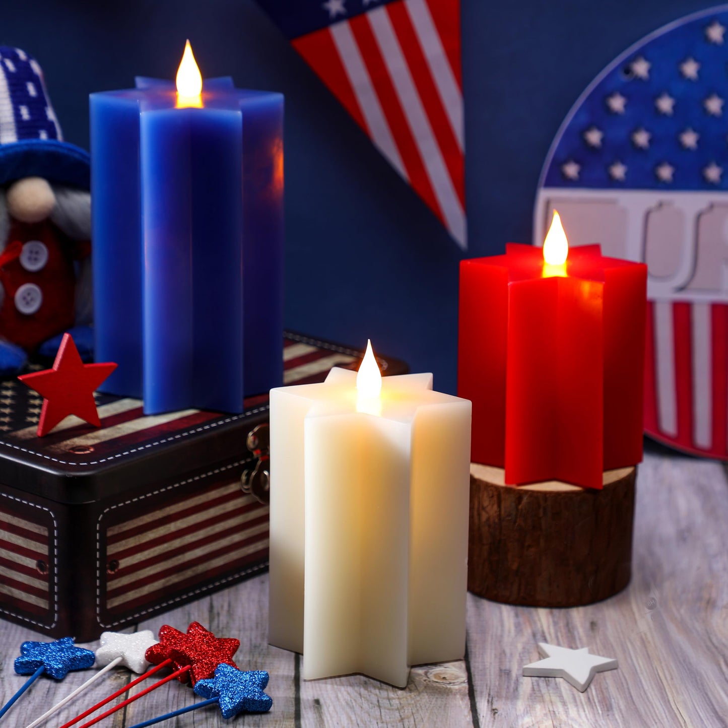 LCZLUMIPRO 3 Pack Star Shaped 4th of July Flameless Candles, Red White and Blue Patriotic Battery Operated LED Candles, Decorative Pillar Candles for Independence Day Home Party Decor