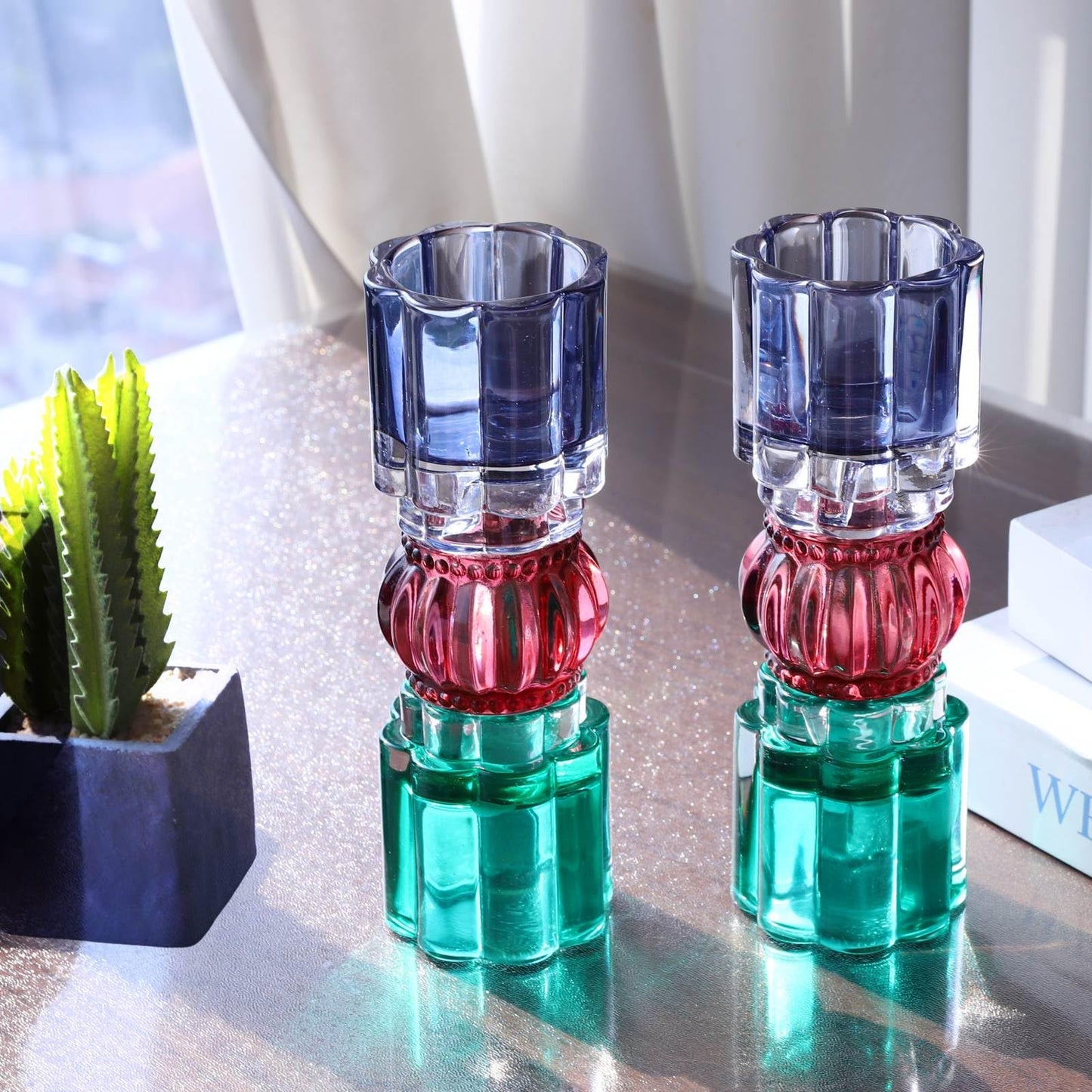 VOHO Tealight Candle Holder Jazzy Glass Mix, Modern Tall Votive Candle Holders for Home Decor, Pair of Fluted Tea Lights Candle Holder Centerpiece Table Decorations(7.87x2.75 in W/H, Shades of Blue)