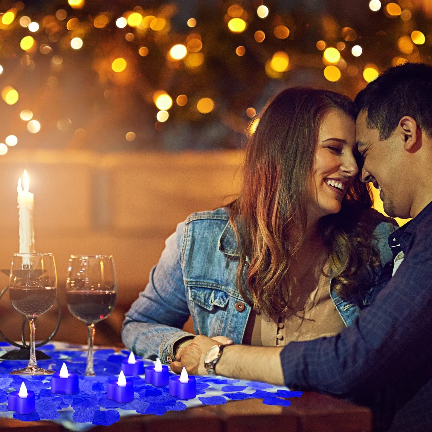 Coume 120 Pcs Romantic LED Heart-Shaped Candles with 6000 Rose Petals Set, Perfect for Weddings Anniversaries, Proposal, Date, Valentine's Day, Hotel, Battery-Operated, Reusable (Blue Light)