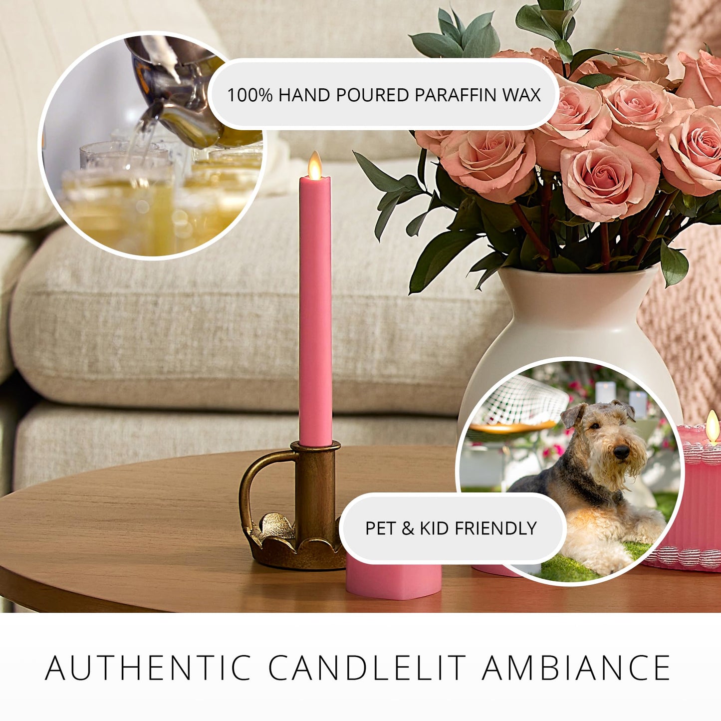 Luminara Flameless Candle Taper (1" x 9.5") Melted Top Real Wax Unscented Remote Ready Timer (Sweet Pink)