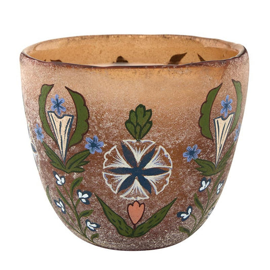 47th & Main Scented Candles Hand-Painted Floral Orange Glass Candle, 4" Dia x 3.5" H, Fresh Balsam & Cedarwood