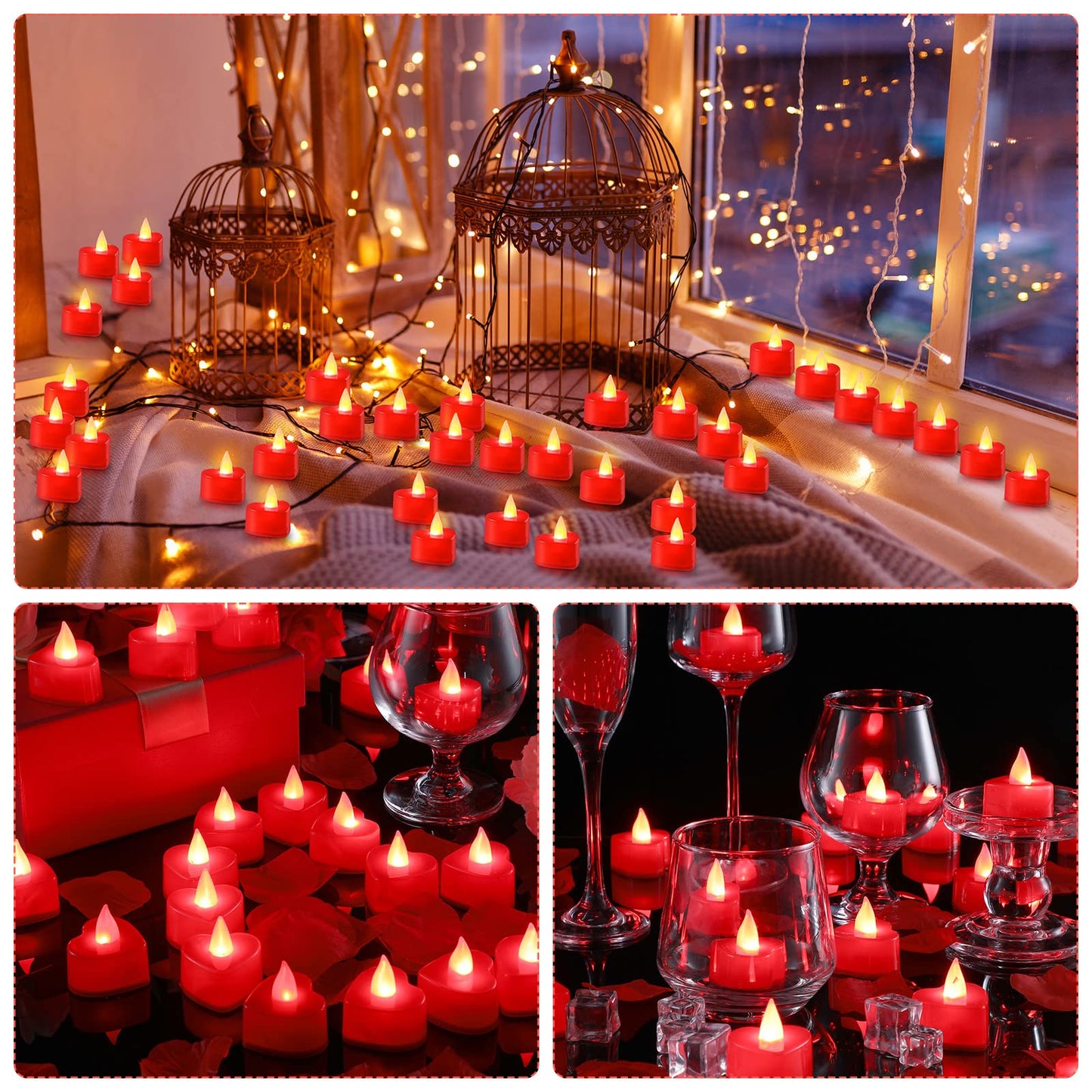 Coume 6000 Pieces Artificial Rose Petal 72 Pieces LED Tealights Candle, Romantic Decorations Special Night Rose Petal Heart Candle for Valentines Wedding Anniversary Proposal Decor(Red Light)